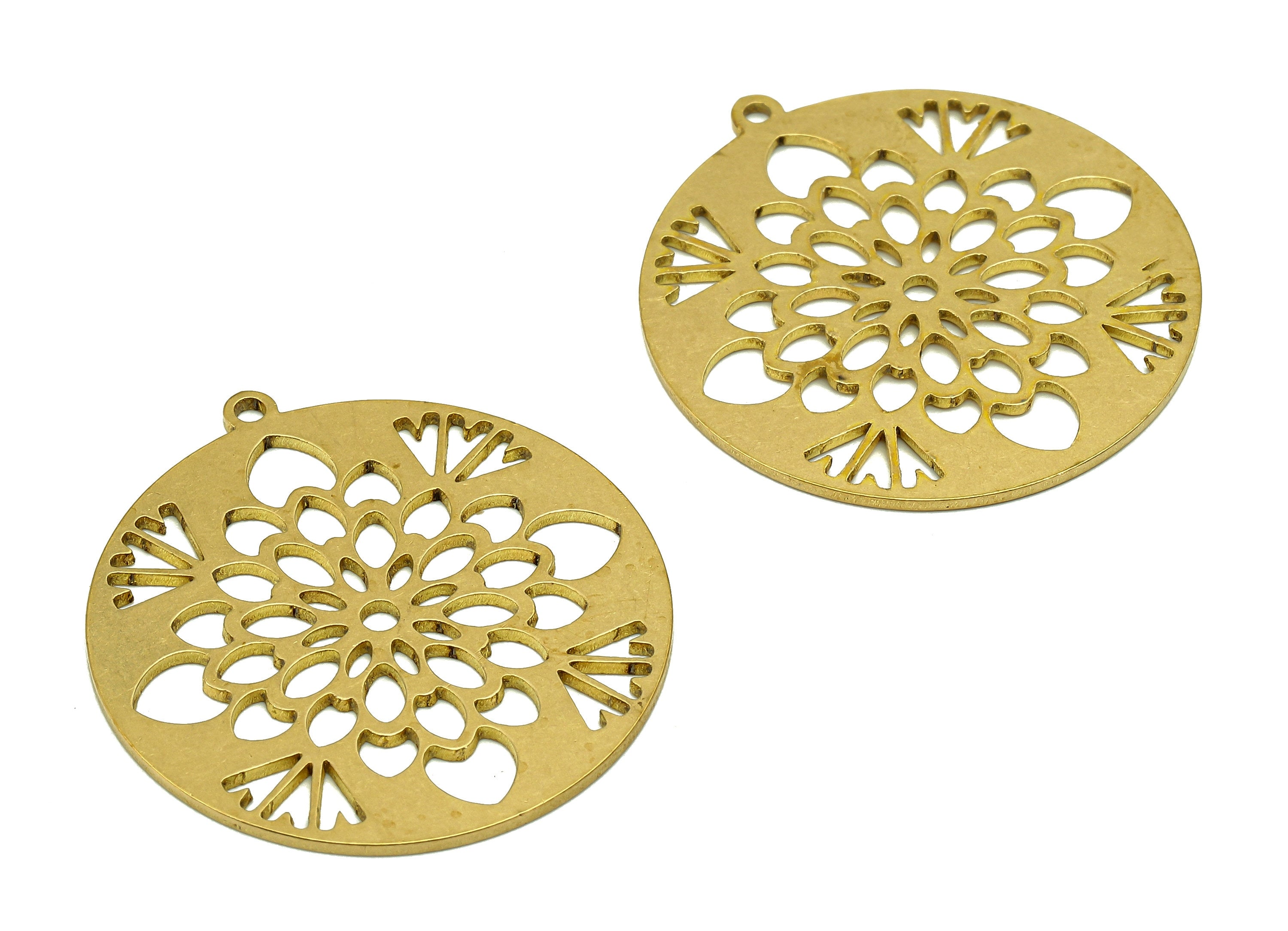 Brass Round Flower Earring Charms - Raw Brass Heart Cutout Earring - Circle Pendant With Loop - For Necklace - 31.9x29.6x0.9mm - PPA6844 - DOMEDBAZAAR