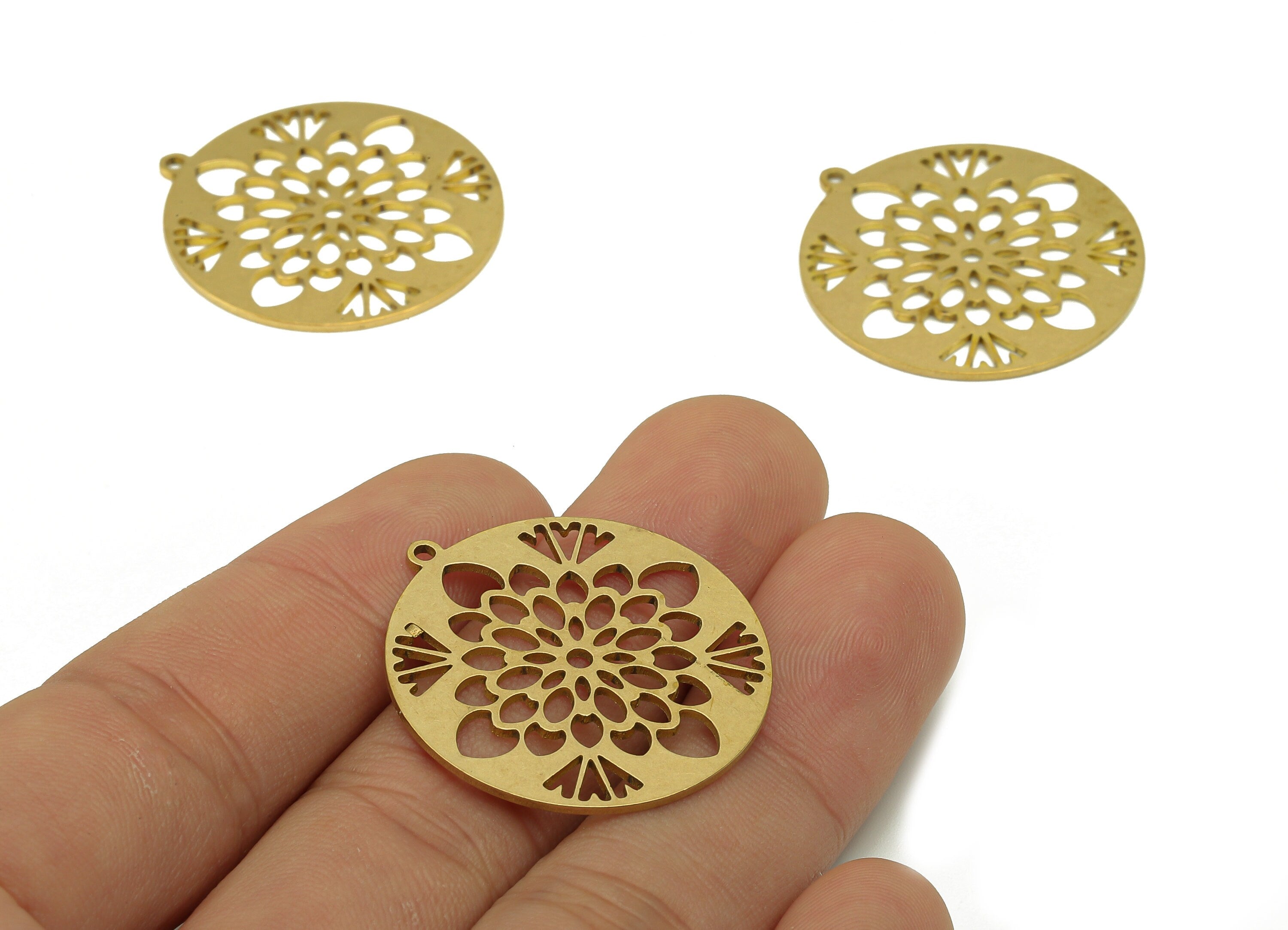 Brass Round Flower Earring Charms - Raw Brass Heart Cutout Earring - Circle Pendant With Loop - For Necklace - 31.9x29.6x0.9mm - PPA6844 - DOMEDBAZAAR