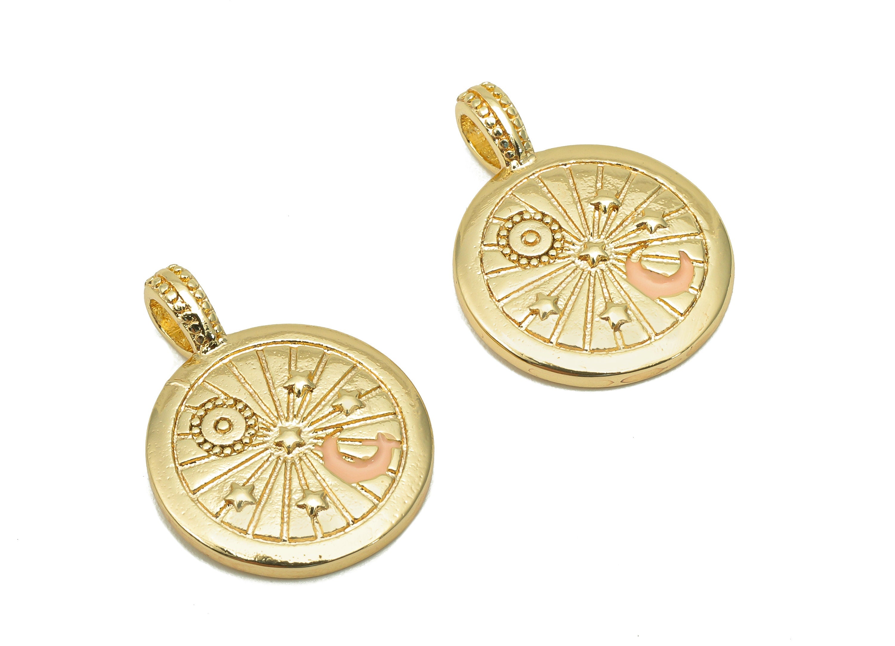 Brass Star Thick Round Charm - Enamel Crescent Circle Earring - Star Pendant With Loop - 18K Real Gold Plating - 19.9x14.9x1.9mm - RGP5739 - DOMEDBAZAAR