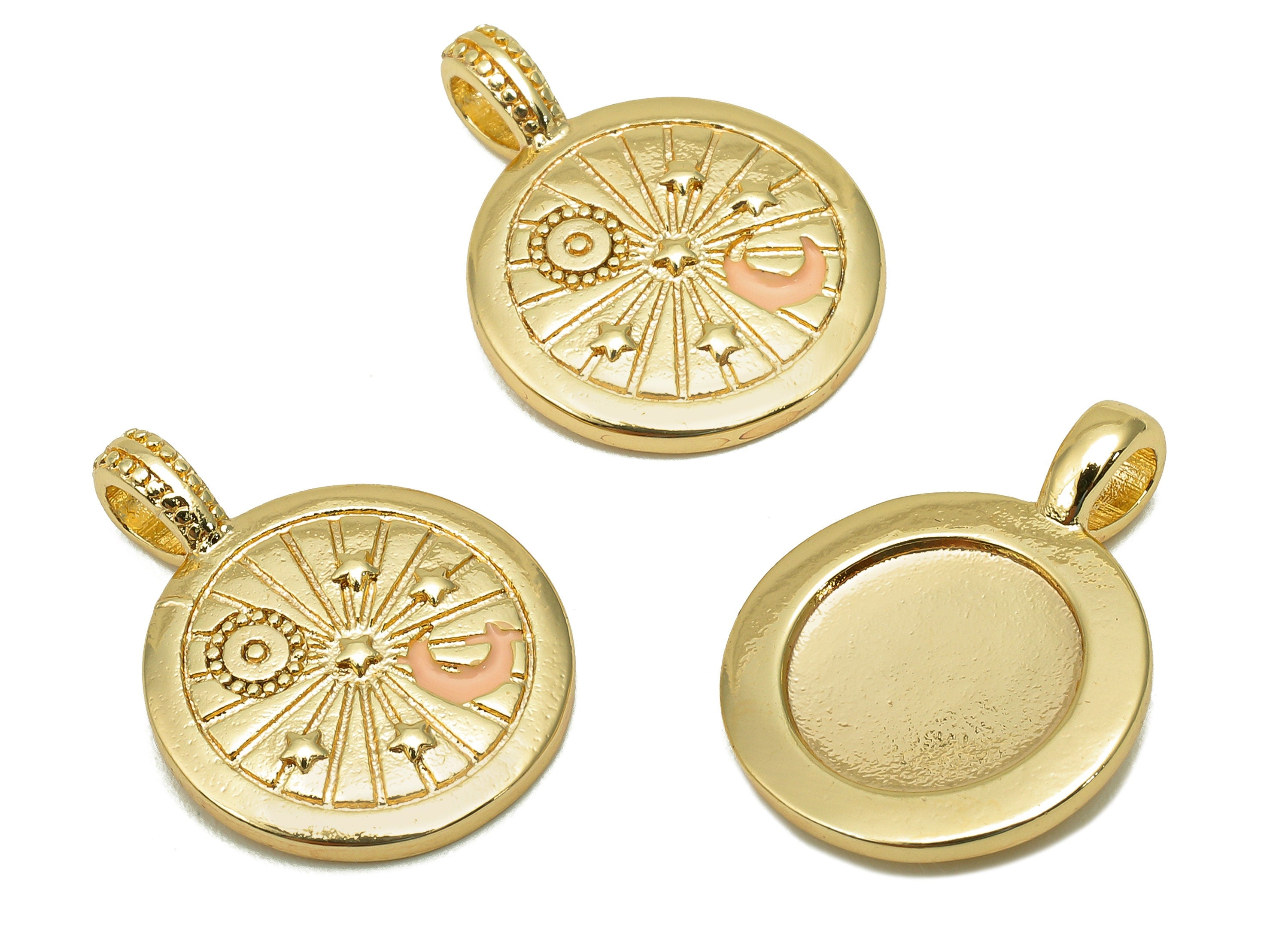 Brass Star Thick Round Charm - Enamel Crescent Circle Earring - Star Pendant With Loop - 18K Real Gold Plating - 19.9x14.9x1.9mm - RGP5739 - DOMEDBAZAAR