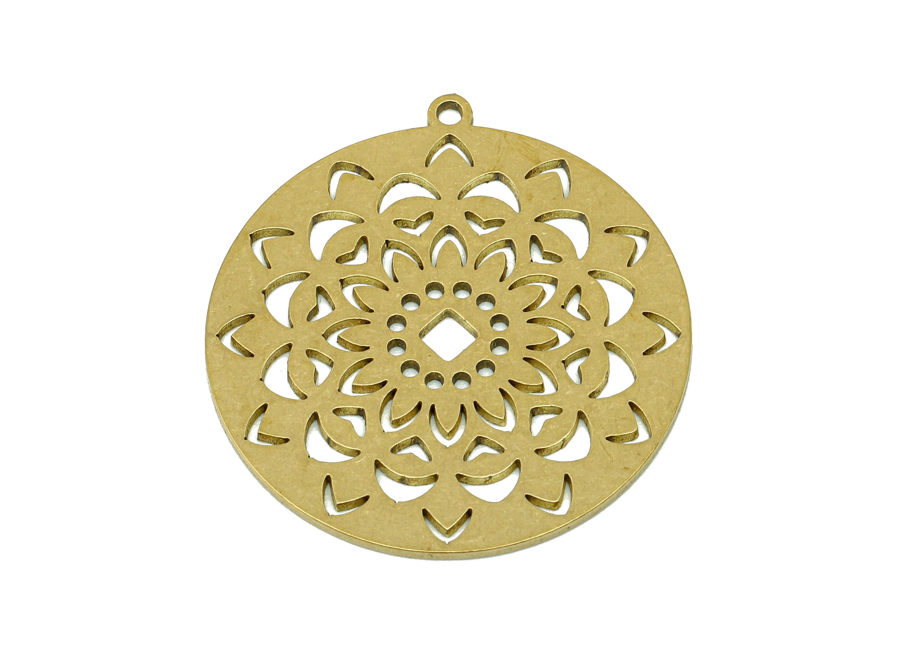 Brass Round Flower Earring Charms - Raw Brass Flower Cutout Earring - Circle Pendant With Loop - For Necklace - 32x29.6x0.9mm - PPA6845 - DOMEDBAZAAR