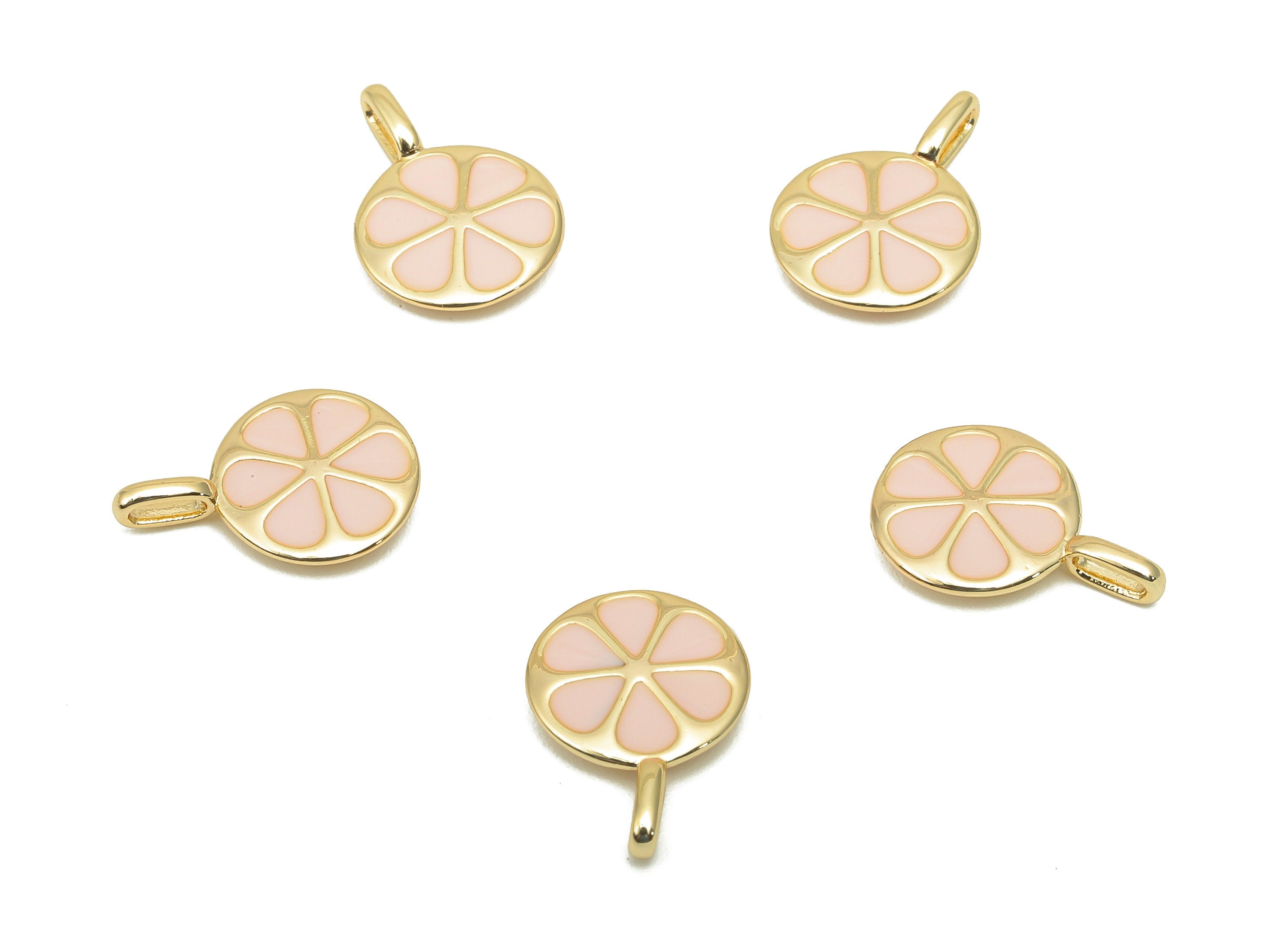 Brass Mini Flower Round Earring - Enamel Thick Pink Circle Charm - Pendant With Loop - 18K Real Gold Plating - 14.2x10.1x2.1mm - RGP5741 - DOMEDBAZAAR