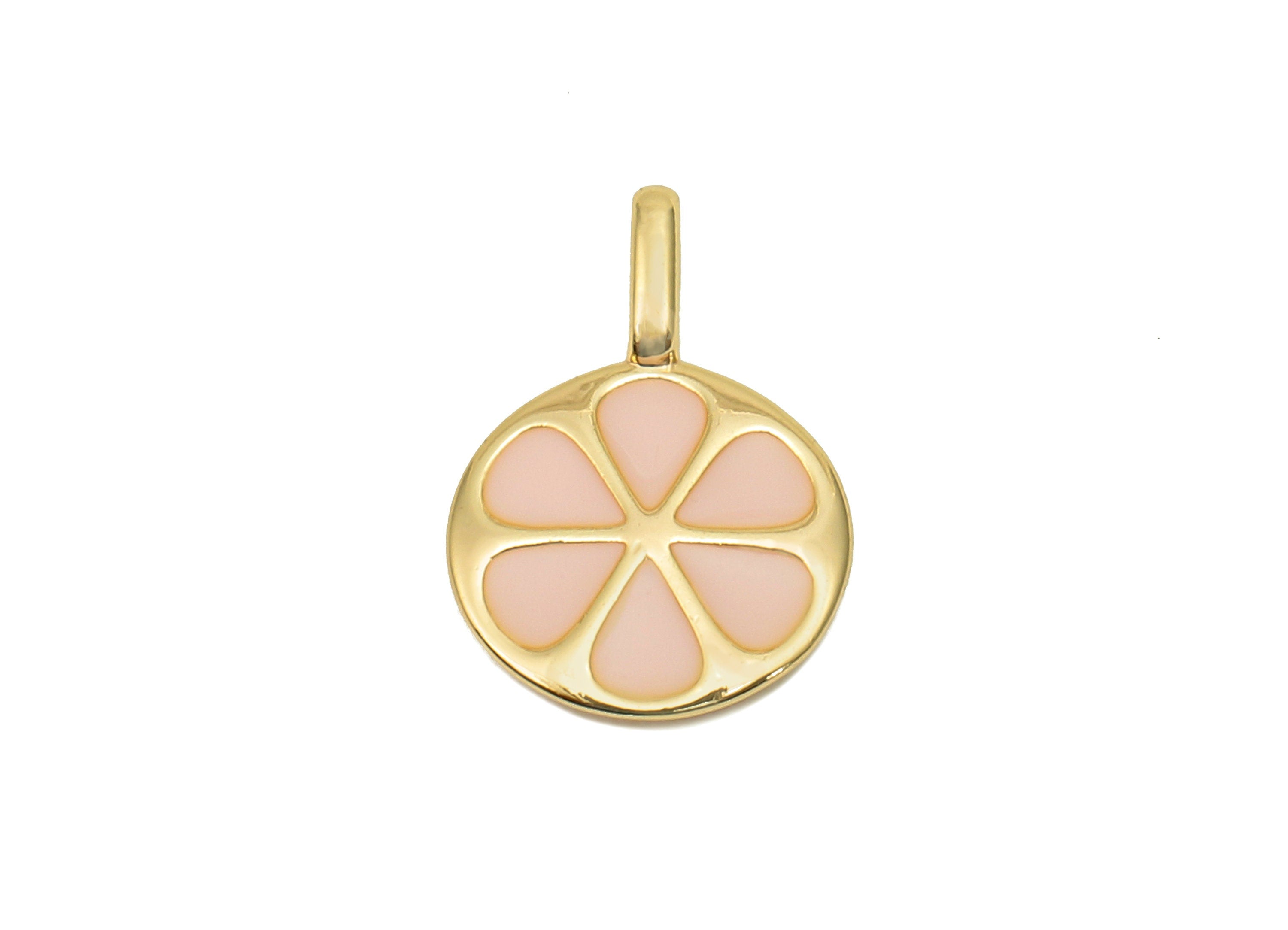 Brass Mini Flower Round Earring - Enamel Thick Pink Circle Charm - Pendant With Loop - 18K Real Gold Plating - 14.2x10.1x2.1mm - RGP5741 - DOMEDBAZAAR
