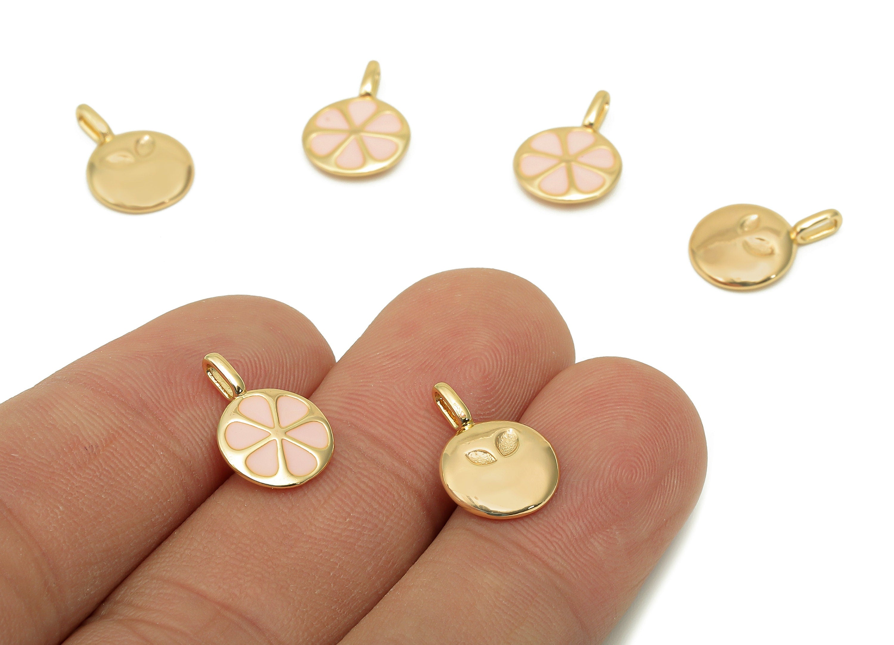 Brass Mini Flower Round Earring - Enamel Thick Pink Circle Charm - Pendant With Loop - 18K Real Gold Plating - 14.2x10.1x2.1mm - RGP5741 - DOMEDBAZAAR