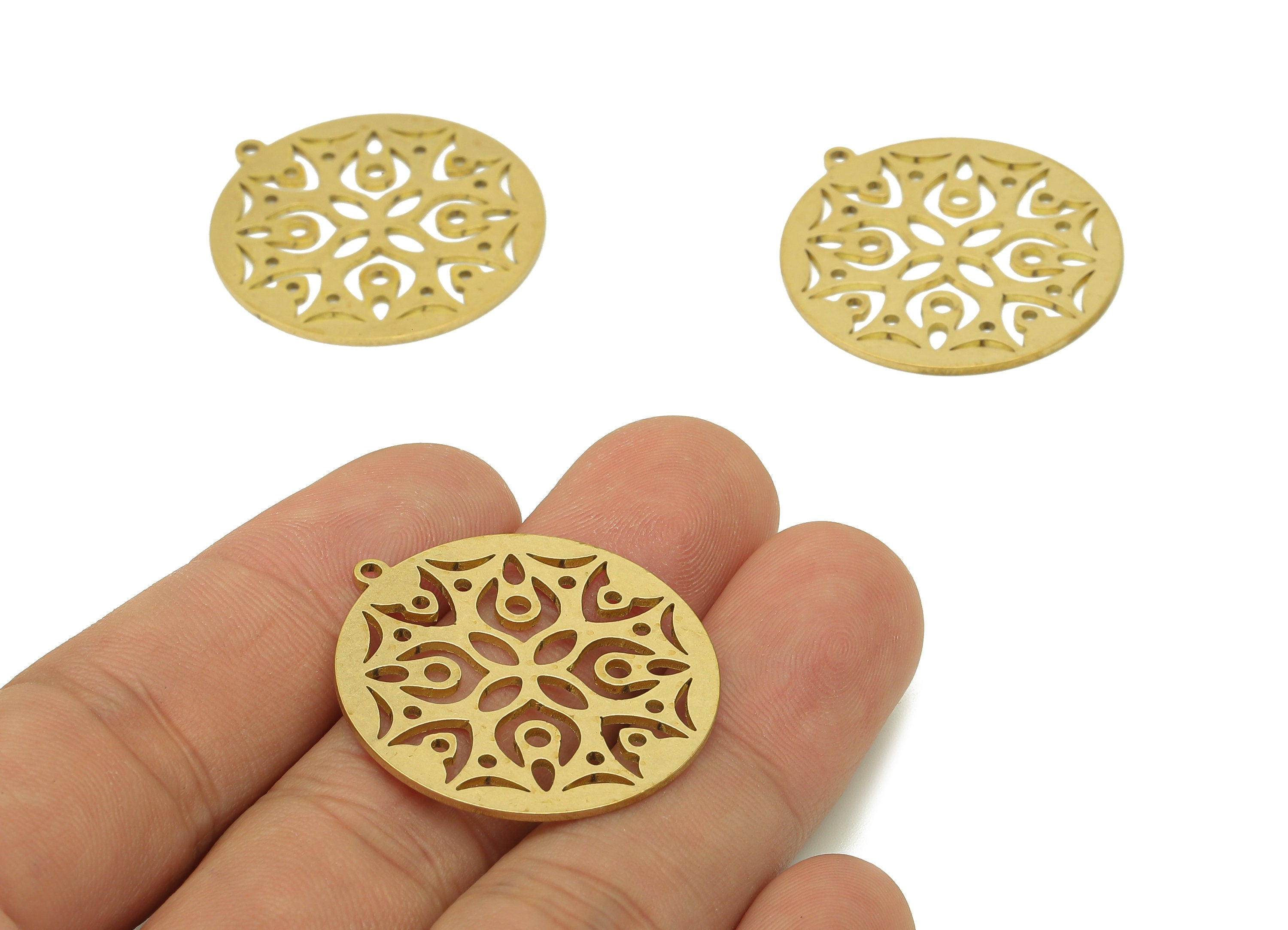 Brass Round Flower Earring Charms - Raw Brass Botanical Cutout Earring - Circle Pendant With Loop - For Necklace - 31.8x29.6x0.9mm - PPA6861 - DOMEDBAZAAR