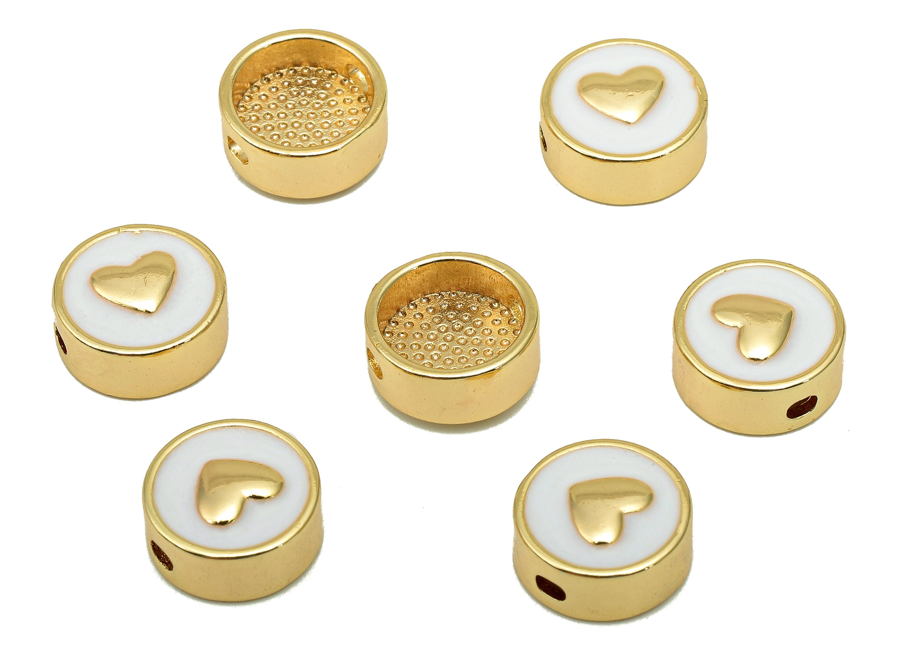 Brass Enamel Round Heart Charm - Circle Spot Spacer Necklace - Dots Spacer Bracelet - 18K Real Gold Plating - 10.2x10.2x0.8mm - RGP5742B - DOMEDBAZAAR