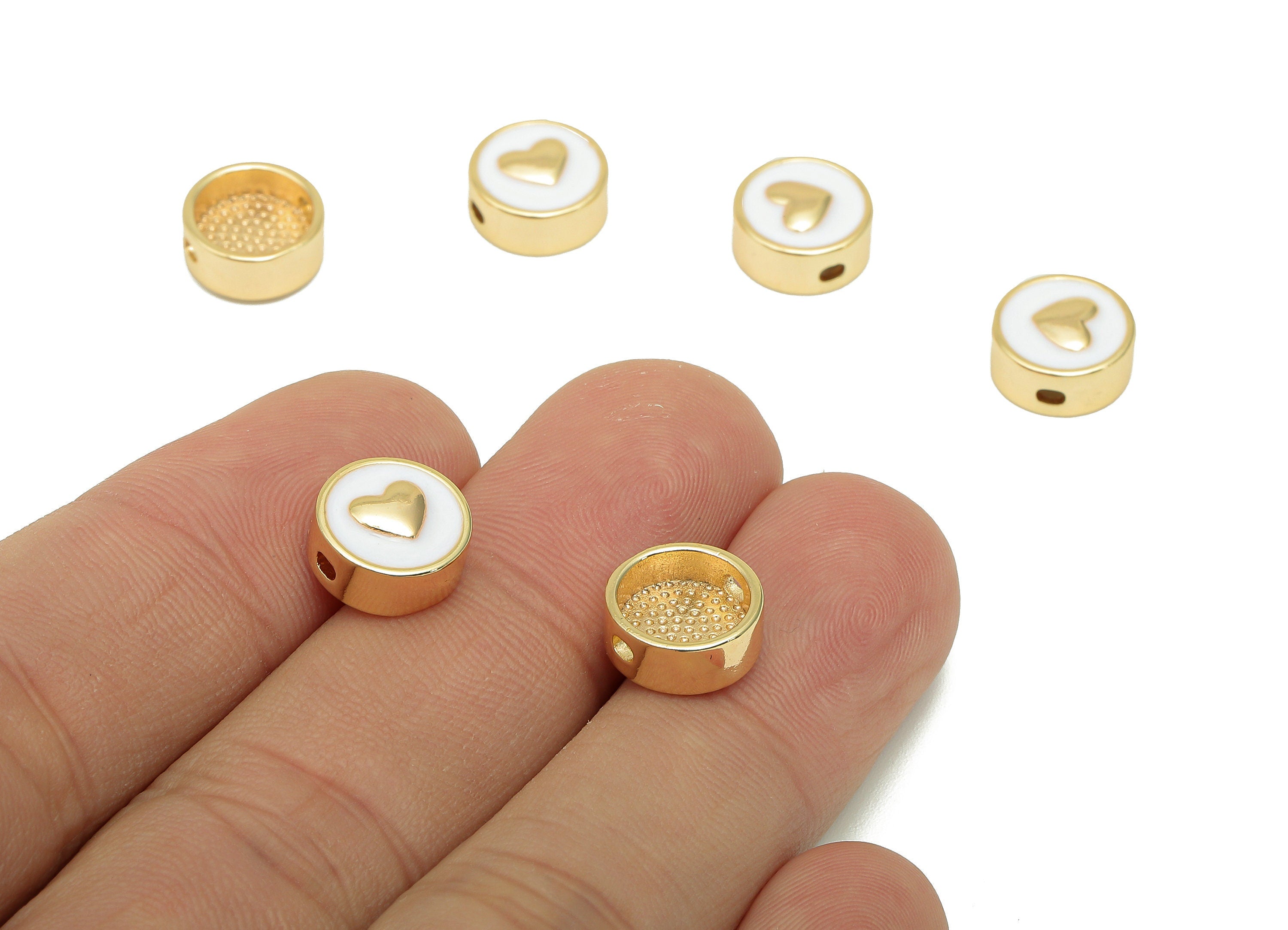 Brass Enamel Round Heart Charm - Circle Spot Spacer Necklace - Dots Spacer Bracelet - 18K Real Gold Plating - 10.2x10.2x0.8mm - RGP5742B - DOMEDBAZAAR