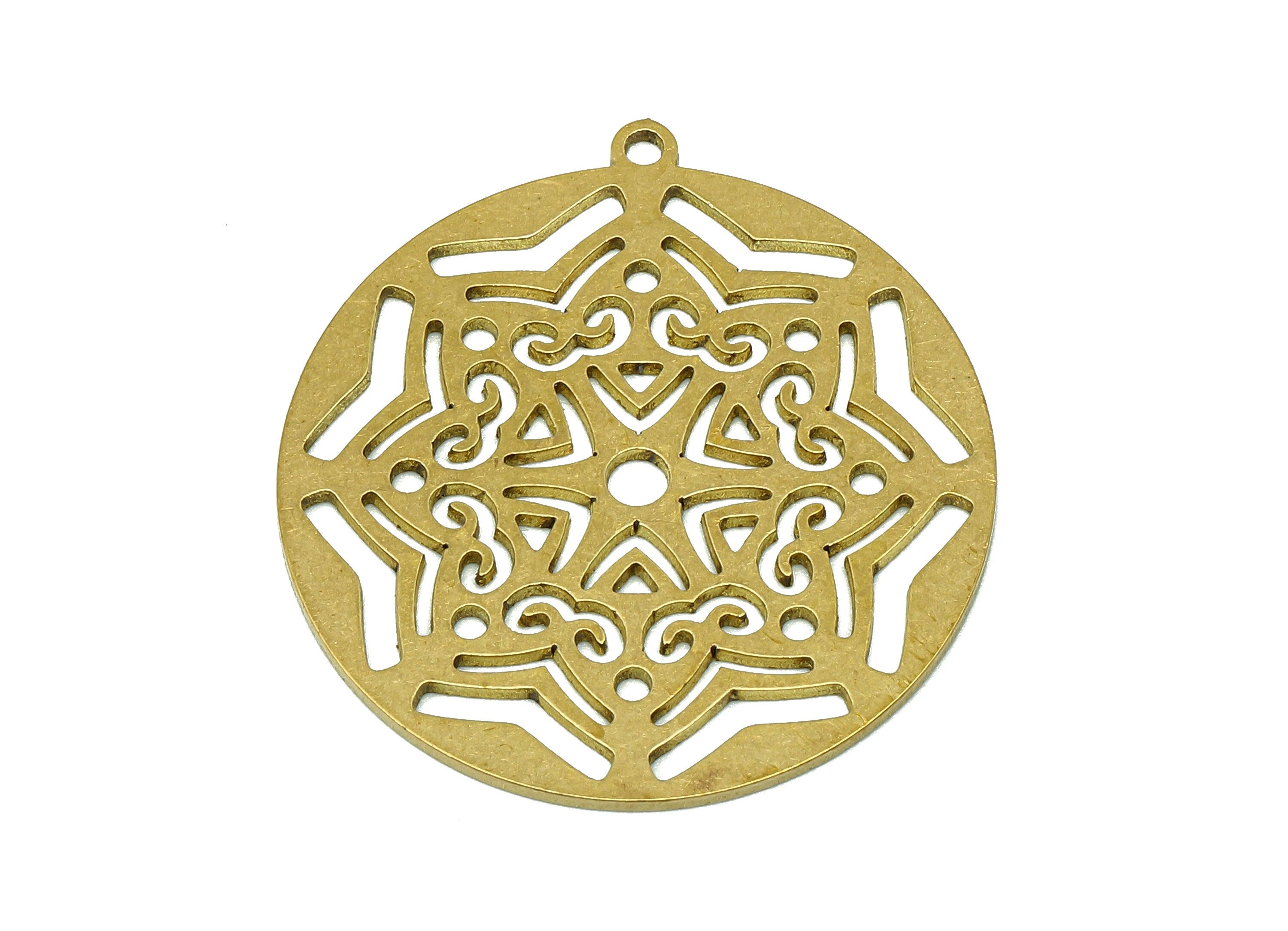 Brass Round Flower Earring Charms - Raw Brass Flower Cutout Earring - Circle Pendant With Loop - For Necklace - 31.8x29.6x0.9mm - PPA6884 - DOMEDBAZAAR