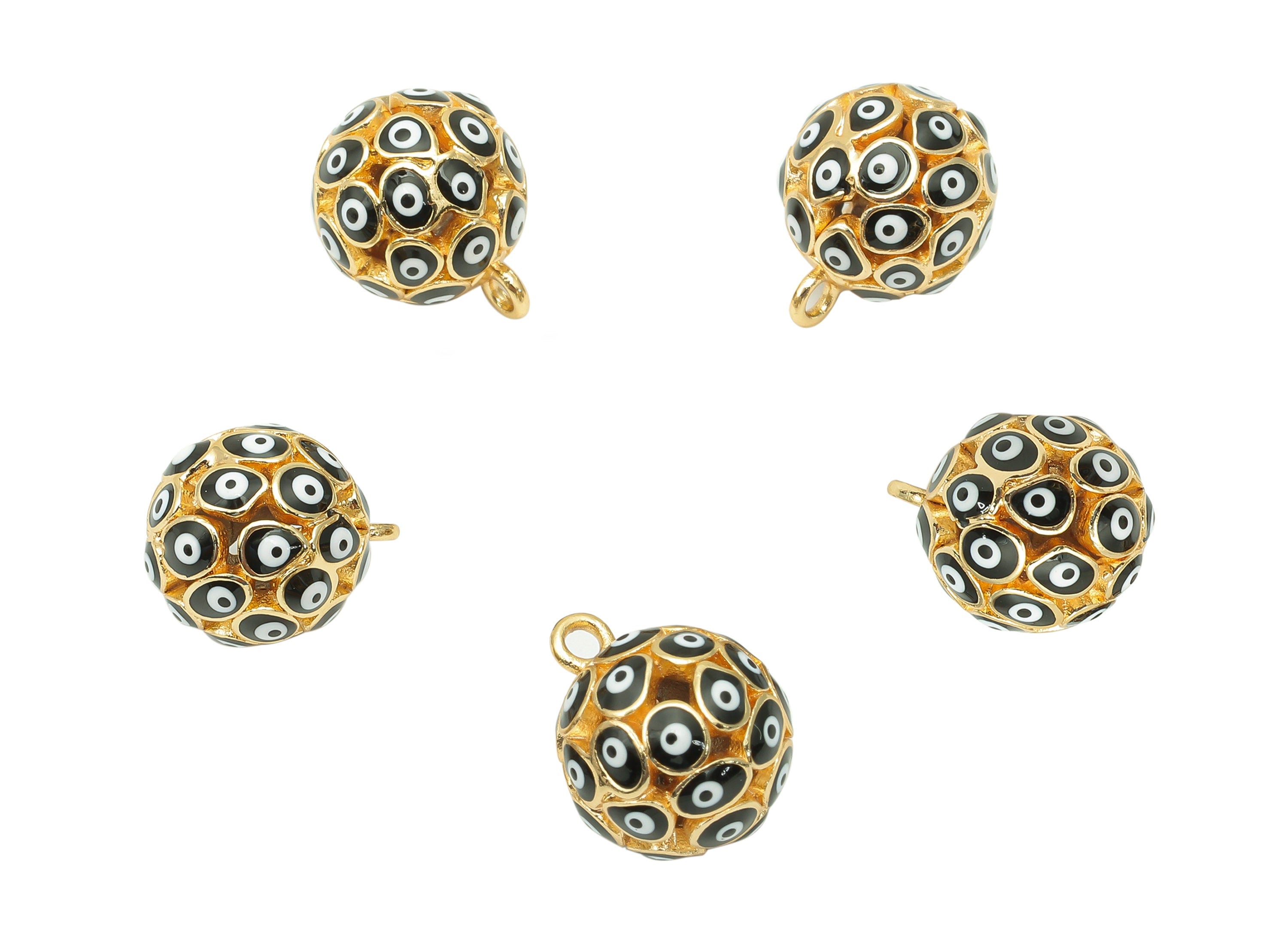 Brass Black Ball Eye Pendant - Enamel Hollow Ball Earring - Necklace Charm With Loop - 18K Real Gold Plating - 15.3x12.3x12.3mm - RGP5745A - DOMEDBAZAAR