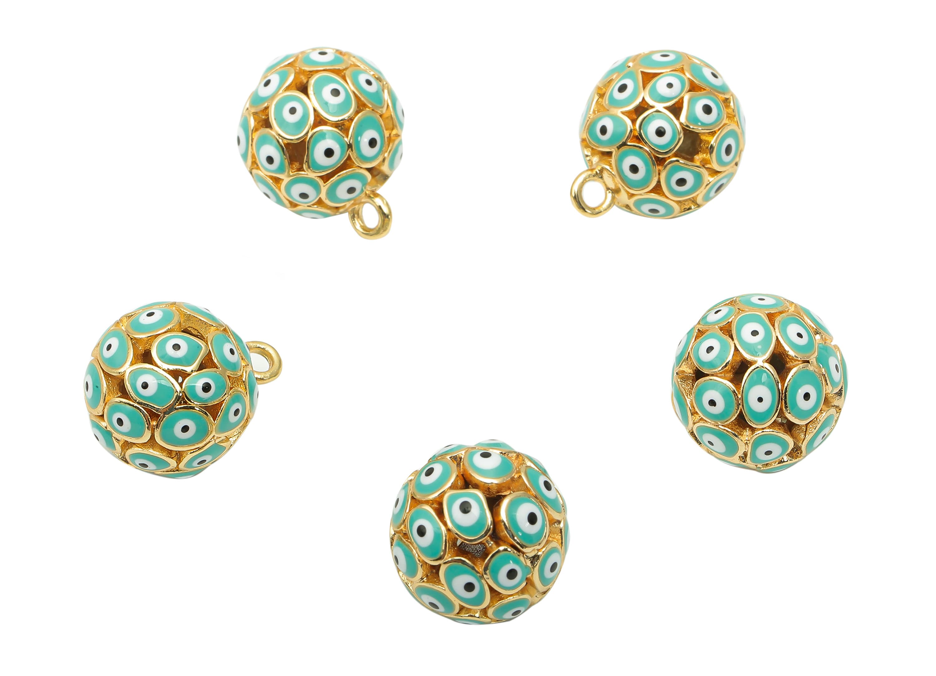 Brass Aqua Ball Eye Pendant - Enamel Hollow Ball Earring - Necklace Charm With Loop - 18K Real Gold Plating - 15.3x12.3x12.3mm - RGP5745C - DOMEDBAZAAR