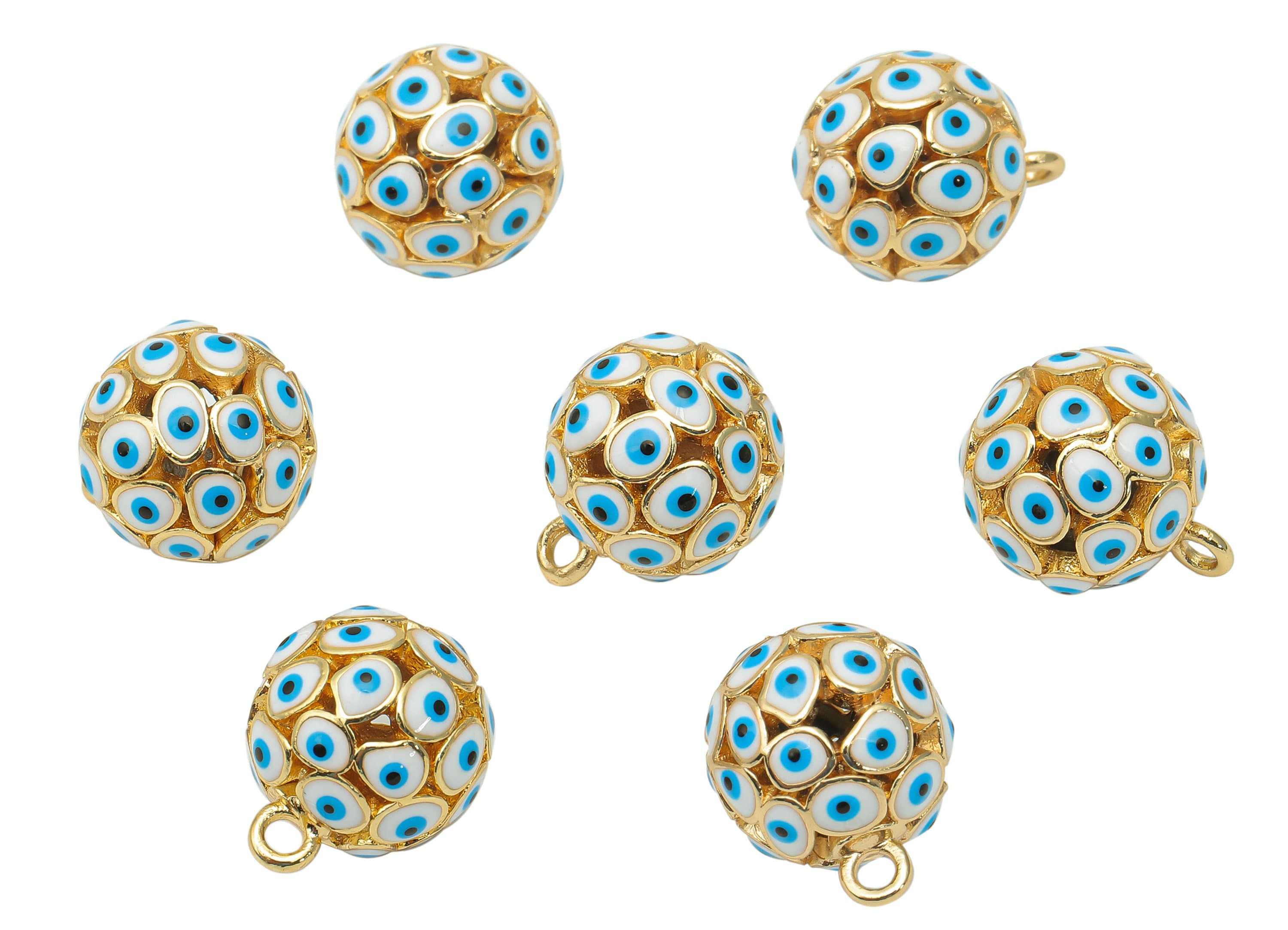 Brass White Ball Eye Pendant - Enamel Hollow Ball Earring - Necklace Charm With Loop - 18K Real Gold Plating - 15.3x12.3x12.3mm - RGP5745B - DOMEDBAZAAR