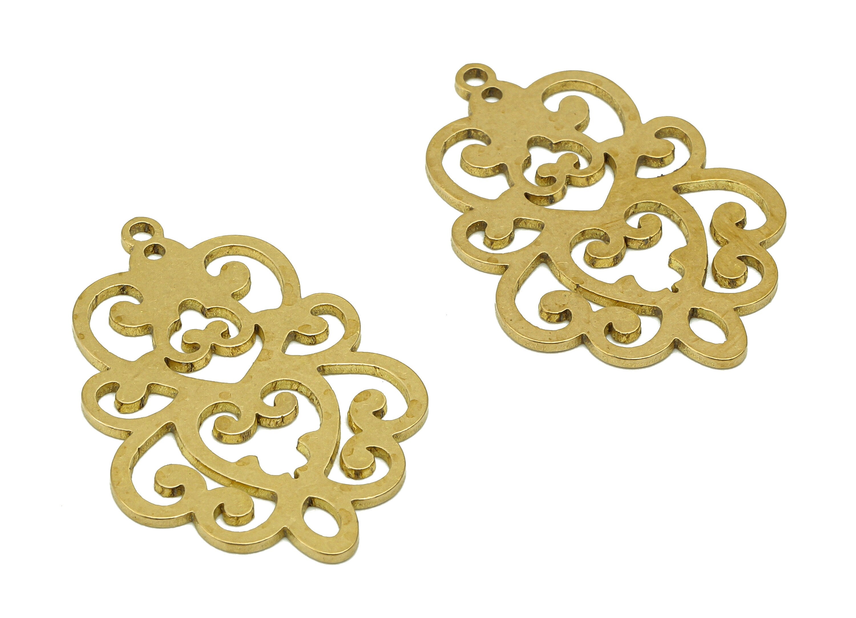 Brass Flower Earring Charms - Raw Brass Cutout Pattern Earring - Botanical Pendant With Loop - For Necklace - 31.9x21.5x0.9mm - PPA6910 - DOMEDBAZAAR