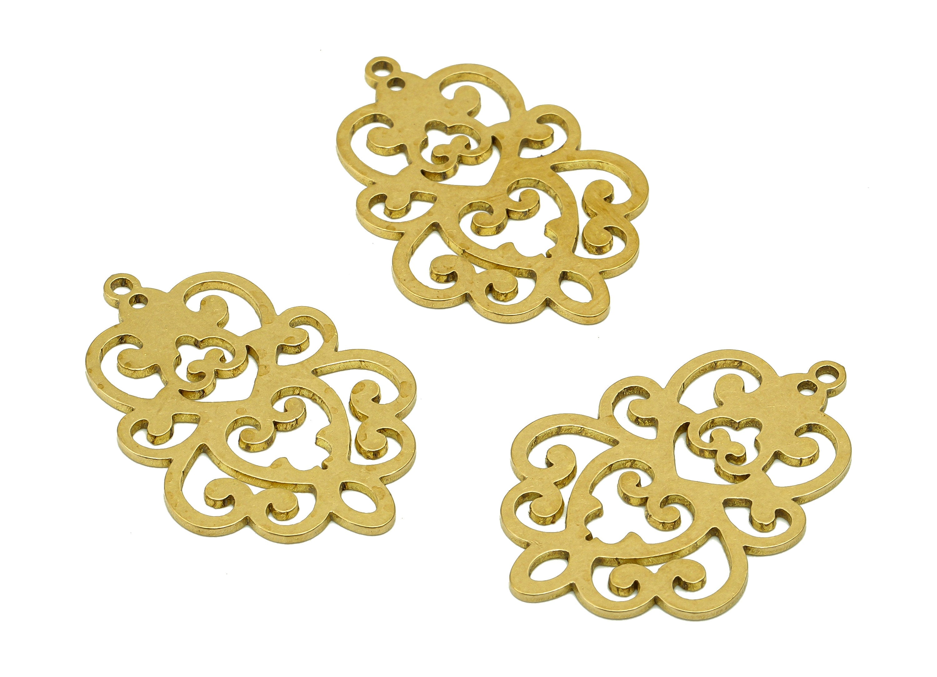 Brass Flower Earring Charms - Raw Brass Cutout Pattern Earring - Botanical Pendant With Loop - For Necklace - 31.9x21.5x0.9mm - PPA6910 - DOMEDBAZAAR