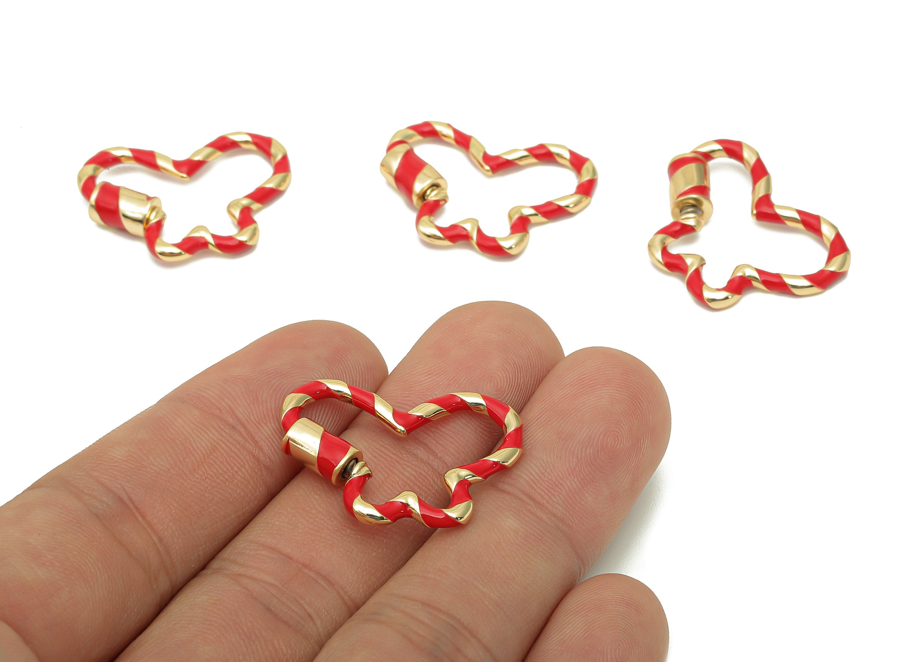 Brass Enamel Butterfly Screw Clasp - Red Twisted Turnbuckle Lock - Buckle Carabiner - 18K Real Gold Plating - 26.8x20.5x2.3mm - RGP5751 - DOMEDBAZAAR