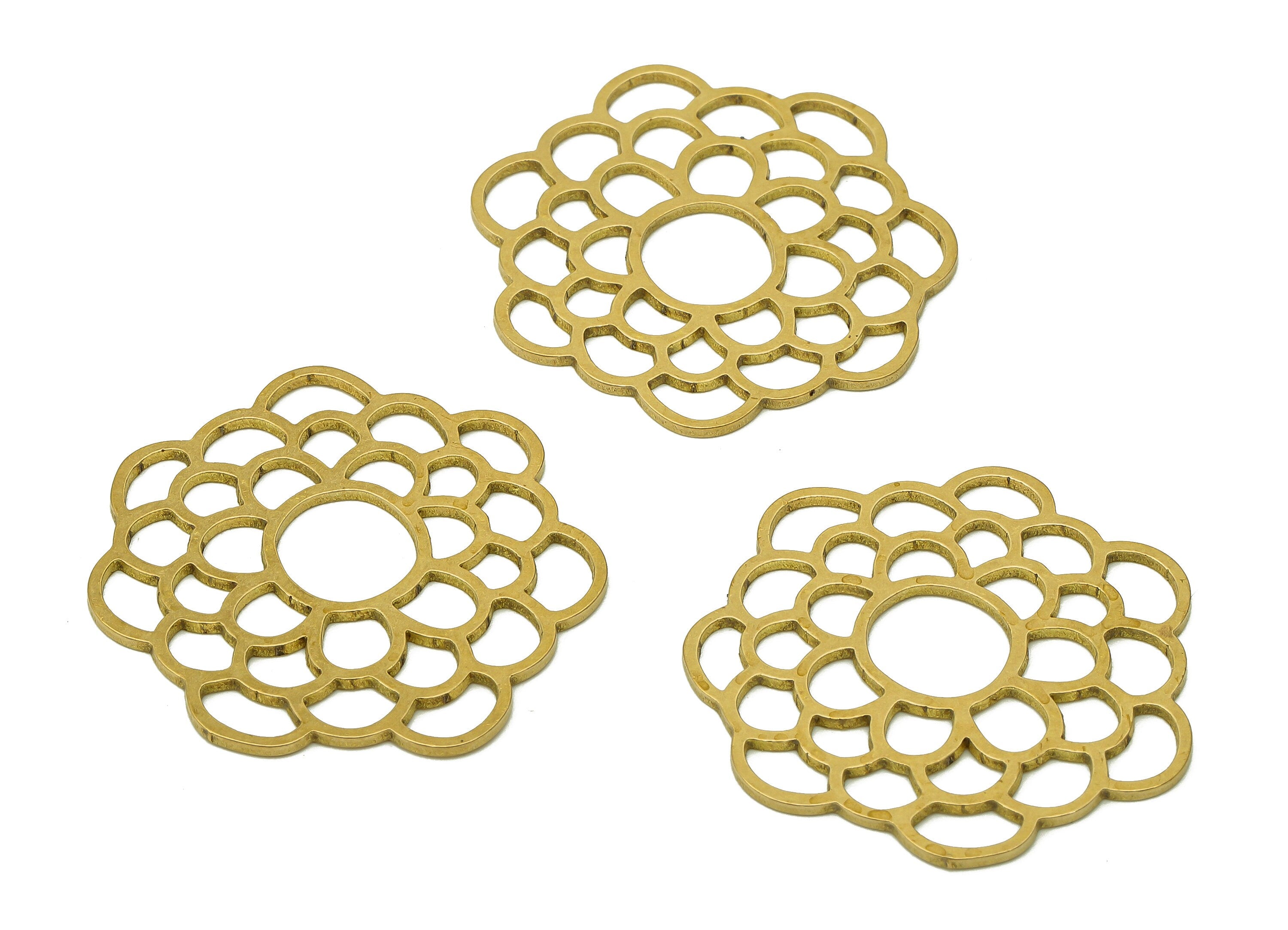 Brass Flower Earring Charms - Raw Brass Hollow Circle Earring - Botanical Pendant - Flower Charm For Necklace - 30.2x30.2x0.9mm - PPA6924 - DOMEDBAZAAR
