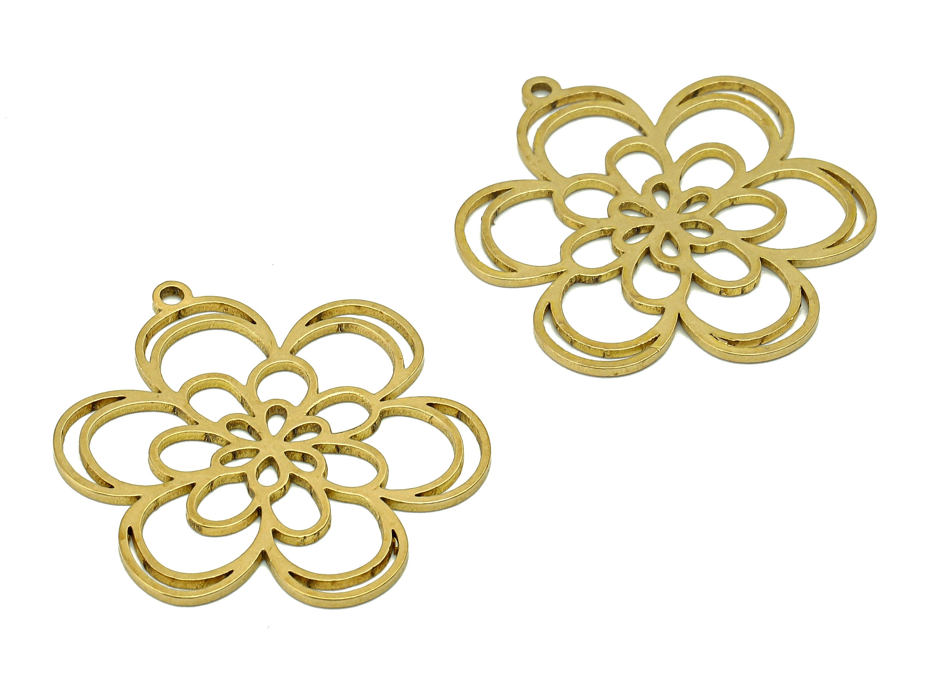 Brass Flower Earring Charms - Raw Brass Flower Earring - Flower Pendant With Loop - Botanical Charm For Necklace - 32.1x27.4x0.9mm - PPA6941 - DOMEDBAZAAR