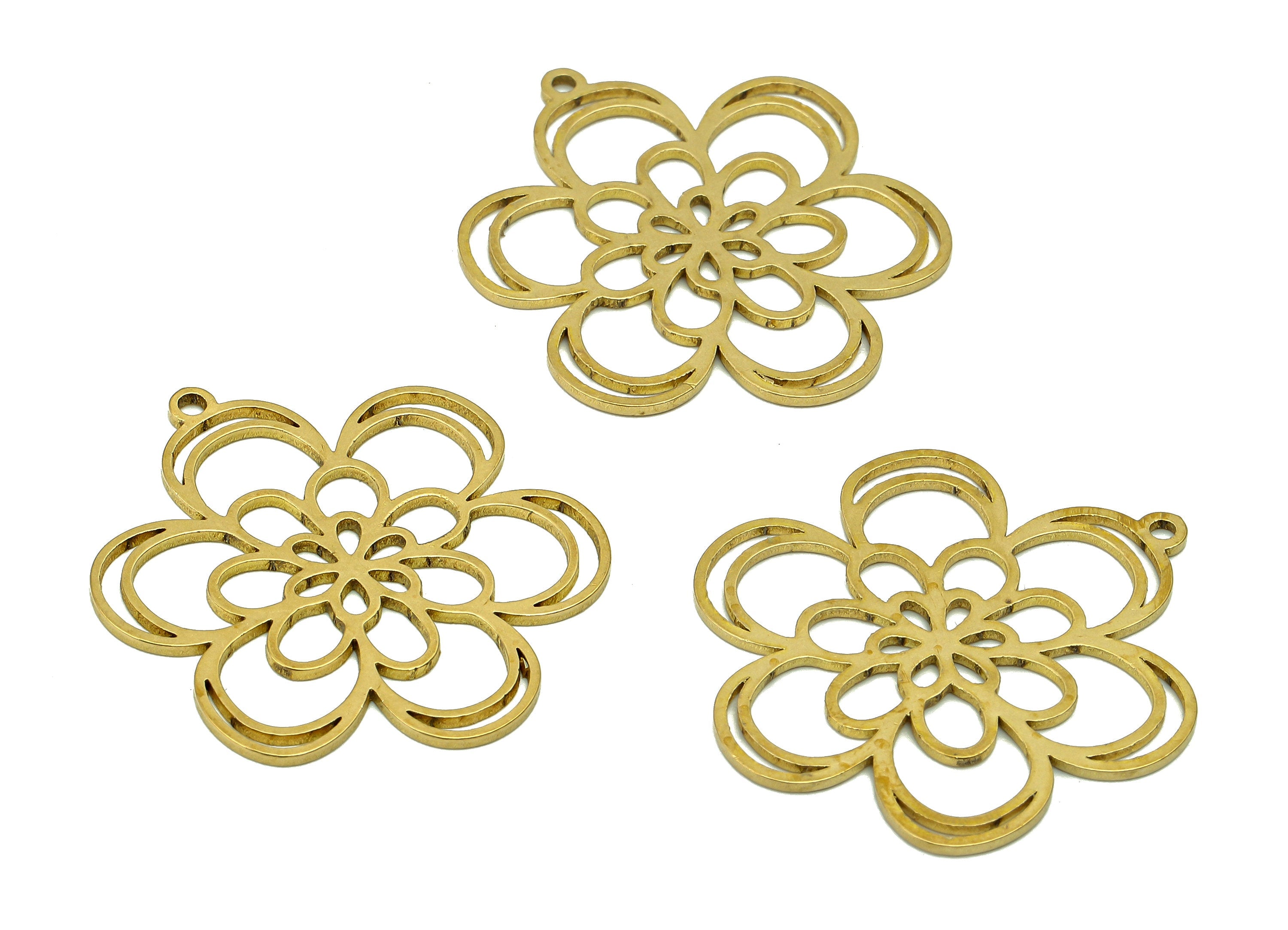 Brass Flower Earring Charms - Raw Brass Flower Earring - Flower Pendant With Loop - Botanical Charm For Necklace - 32.1x27.4x0.9mm - PPA6941 - DOMEDBAZAAR