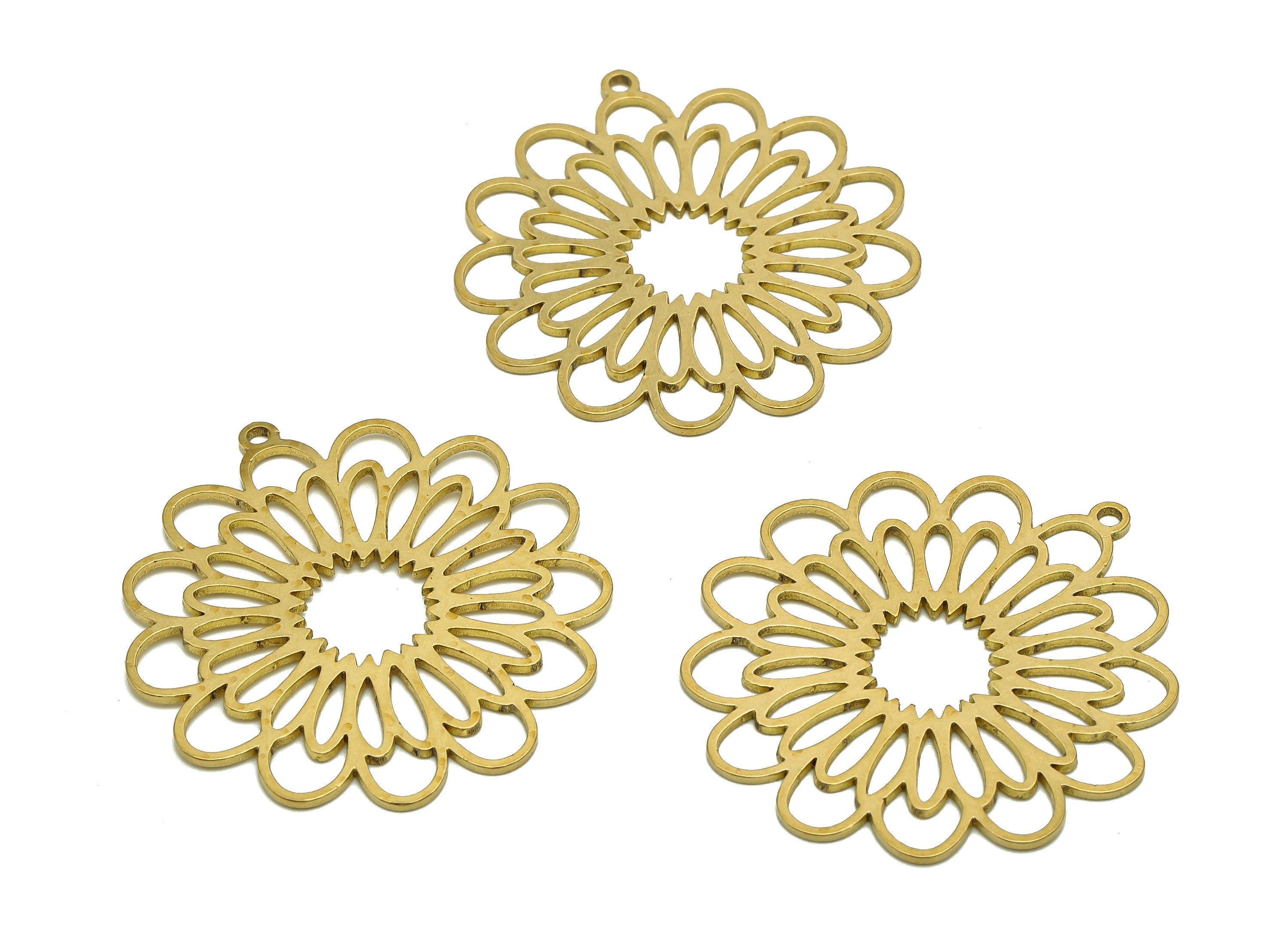Brass Sunflower Earring Charms - Raw Brass Hollow Flower Earring - Botanical Pendant With Loop - For Necklace - 35x32.7x0.8mm - PPA6948 - DOMEDBAZAAR
