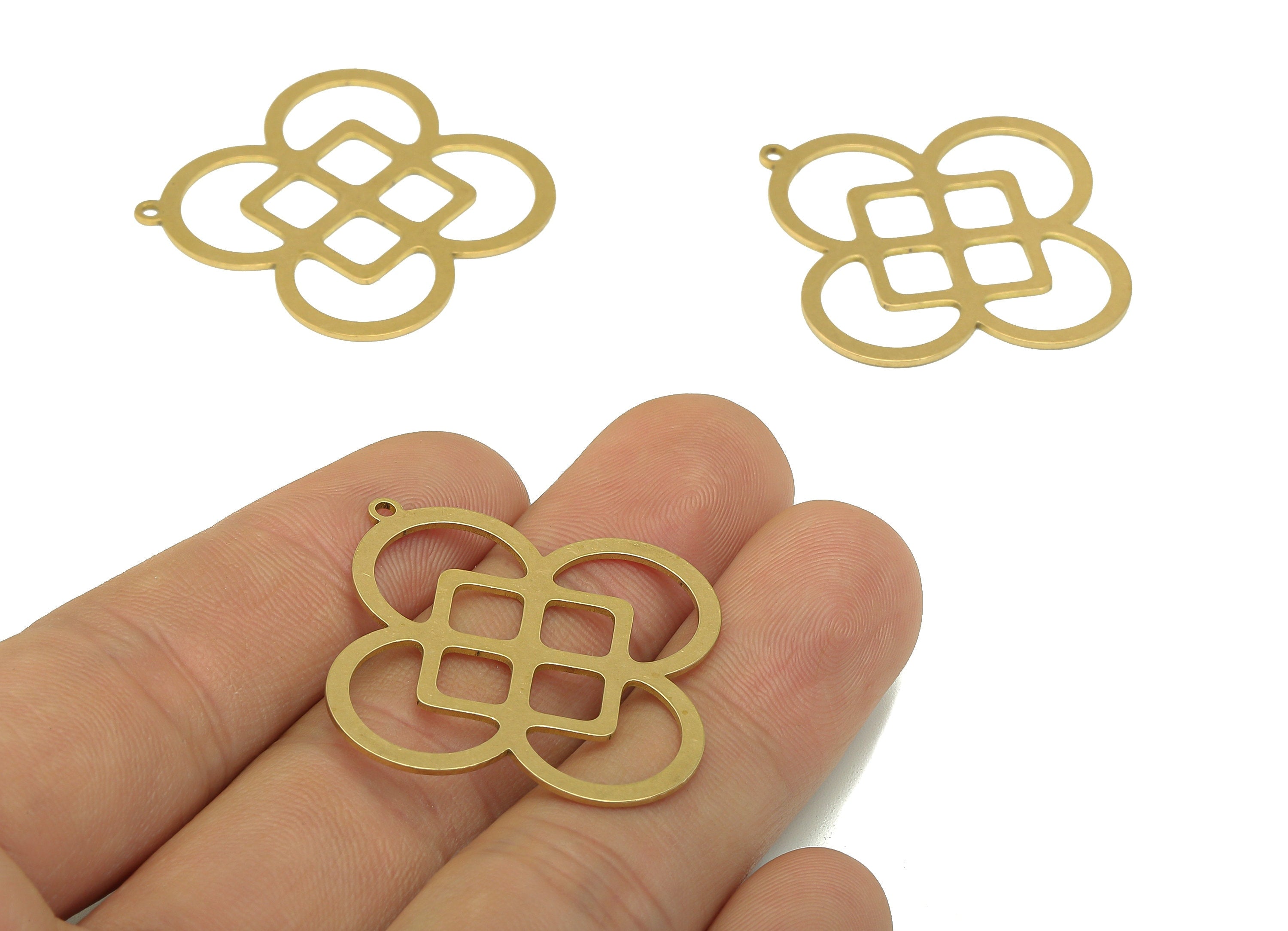 Brass Flower Earring Charms - Raw Brass Hollow Rhombic Earring - Diamond Pendant With Loop - For Necklace - 37.88x35.51x0.65mm - PPA7107 - DOMEDBAZAAR