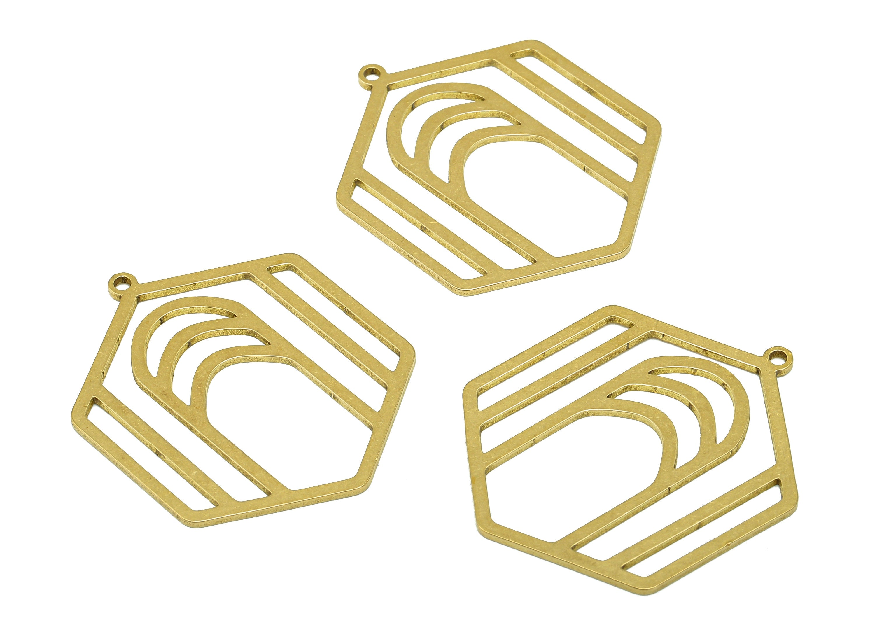 Brass Hexagon Earring Charm - Raw Brass Cutout Oval Earring - Geometry Pendant With Loop - For Necklace - 35.09x28.79x0.85mm - PPA7147 - DOMEDBAZAAR
