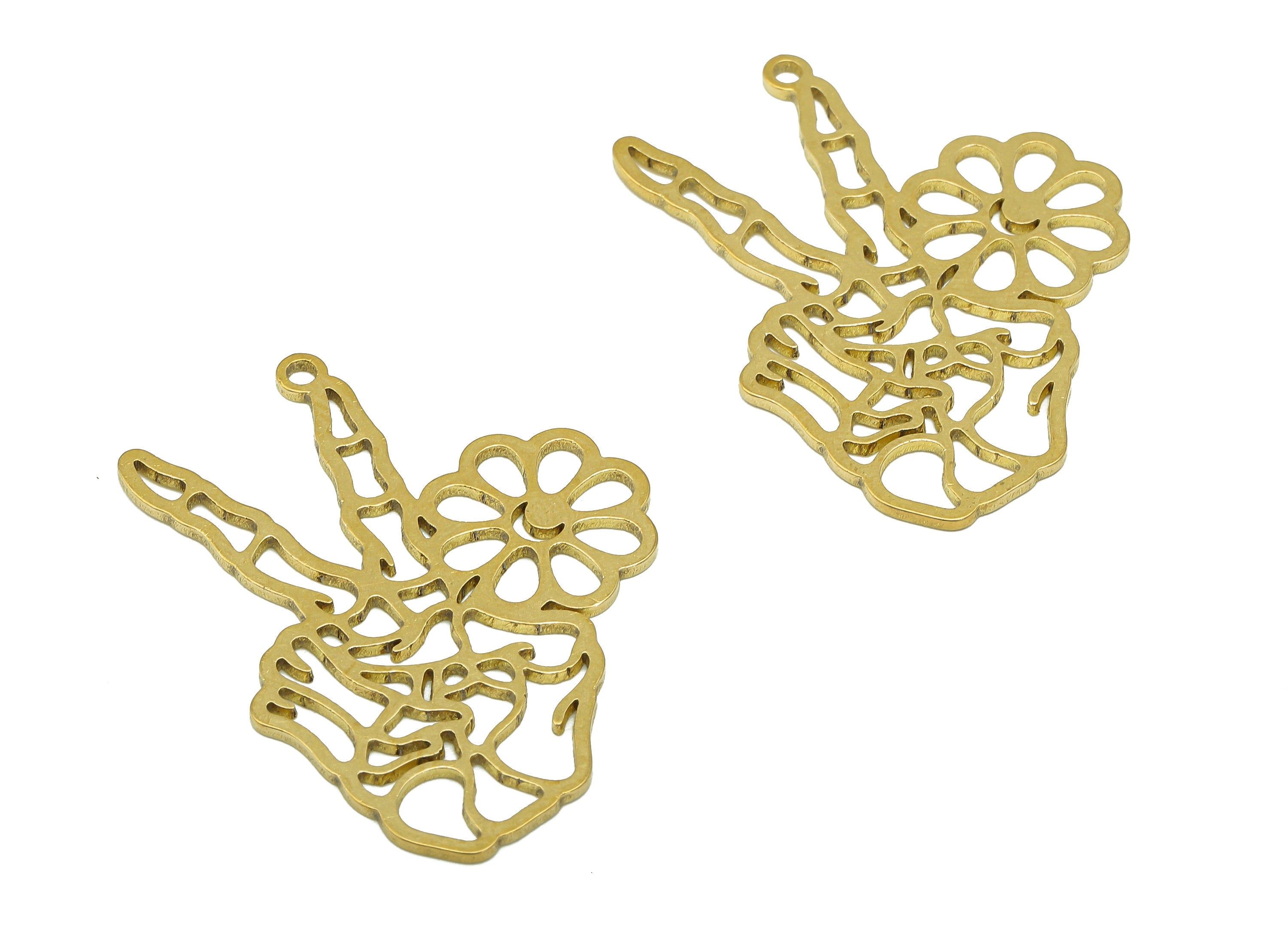 Brass Hand Sign Earring Charms - Raw Brass Hand Victory Earring - Flower Pendant With Loop - For Necklace - 32x34.8x0.74mm - PPZ0200 - DOMEDBAZAAR