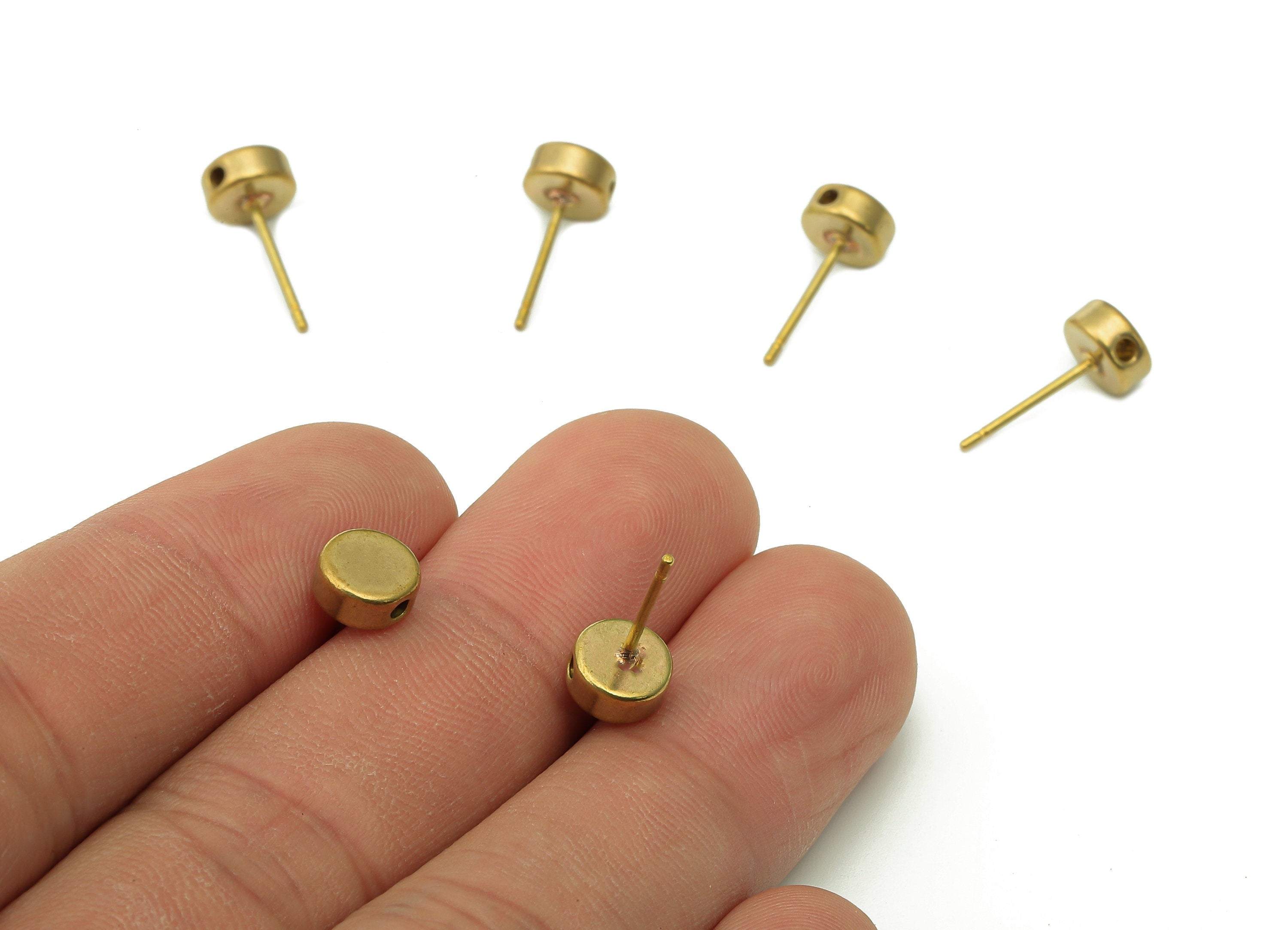 Brass Mini Thick Round Earring Posts - Raw Brass Mini Circle Stud Earring - Earring With Hole - 925 Silver Needles - 1.8x15.1x7mm - PP8006 - DOMEDBAZAAR