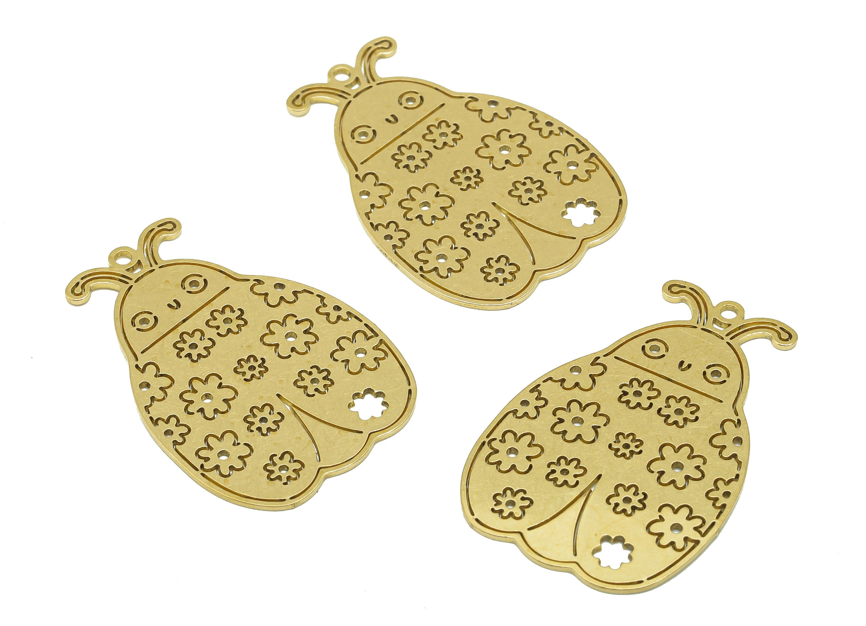 Brass Insect Earring Charms - Raw Brass Cutout Flower Ladybug Earring - Insect Pendant With Loop - For Necklace - 35.6x32.38x0.9mm - PPZ0214 - DOMEDBAZAAR