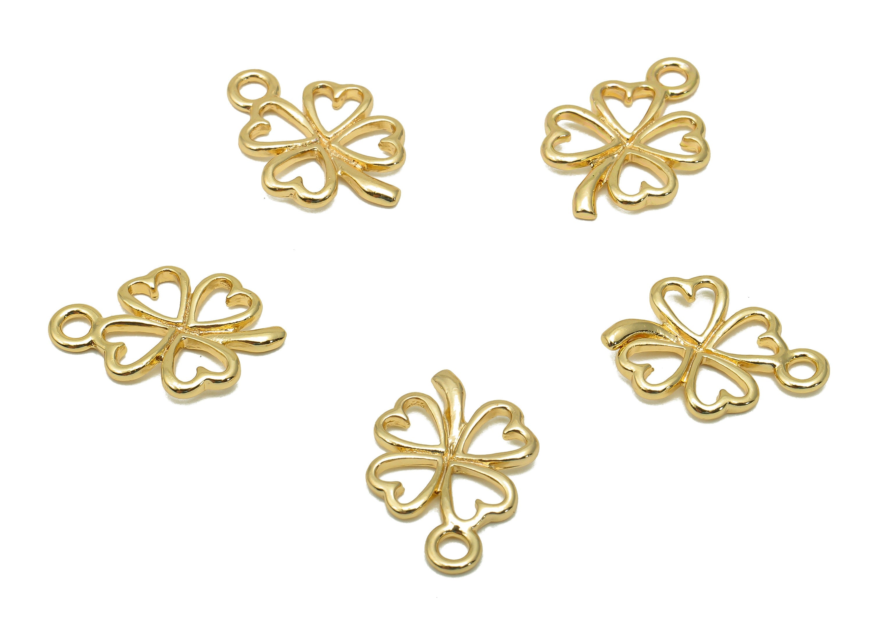 Brass Four-Leaf Clover Earring - Leaf Heart Charm With Loop - Flower Necklace Pendant - 18K Real Gold Plating - 16.5x11.3x1.4mm - RGP5690 - DOMEDBAZAAR