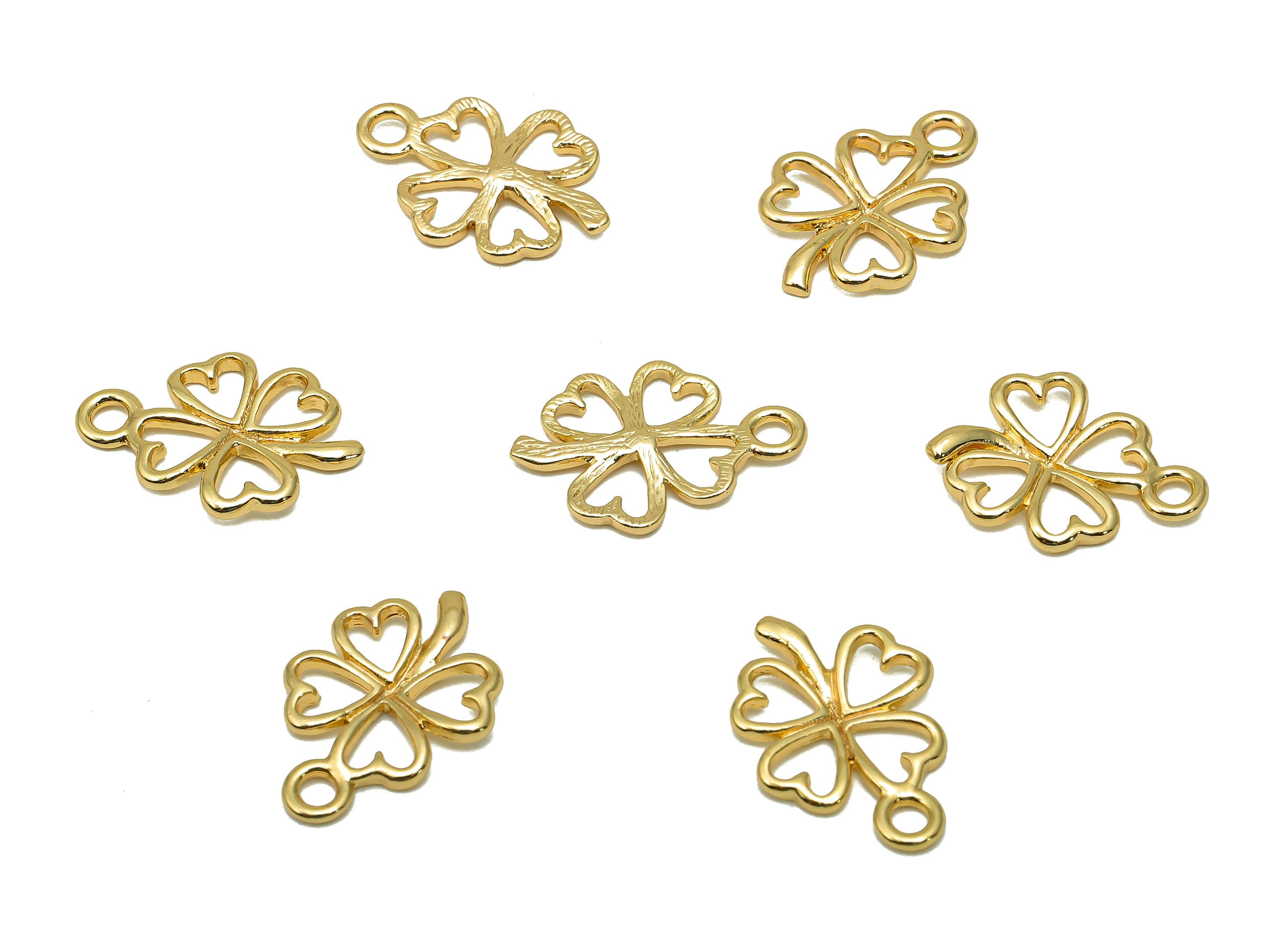 Brass Four-Leaf Clover Earring - Leaf Heart Charm With Loop - Flower Necklace Pendant - 18K Real Gold Plating - 16.5x11.3x1.4mm - RGP5690 - DOMEDBAZAAR