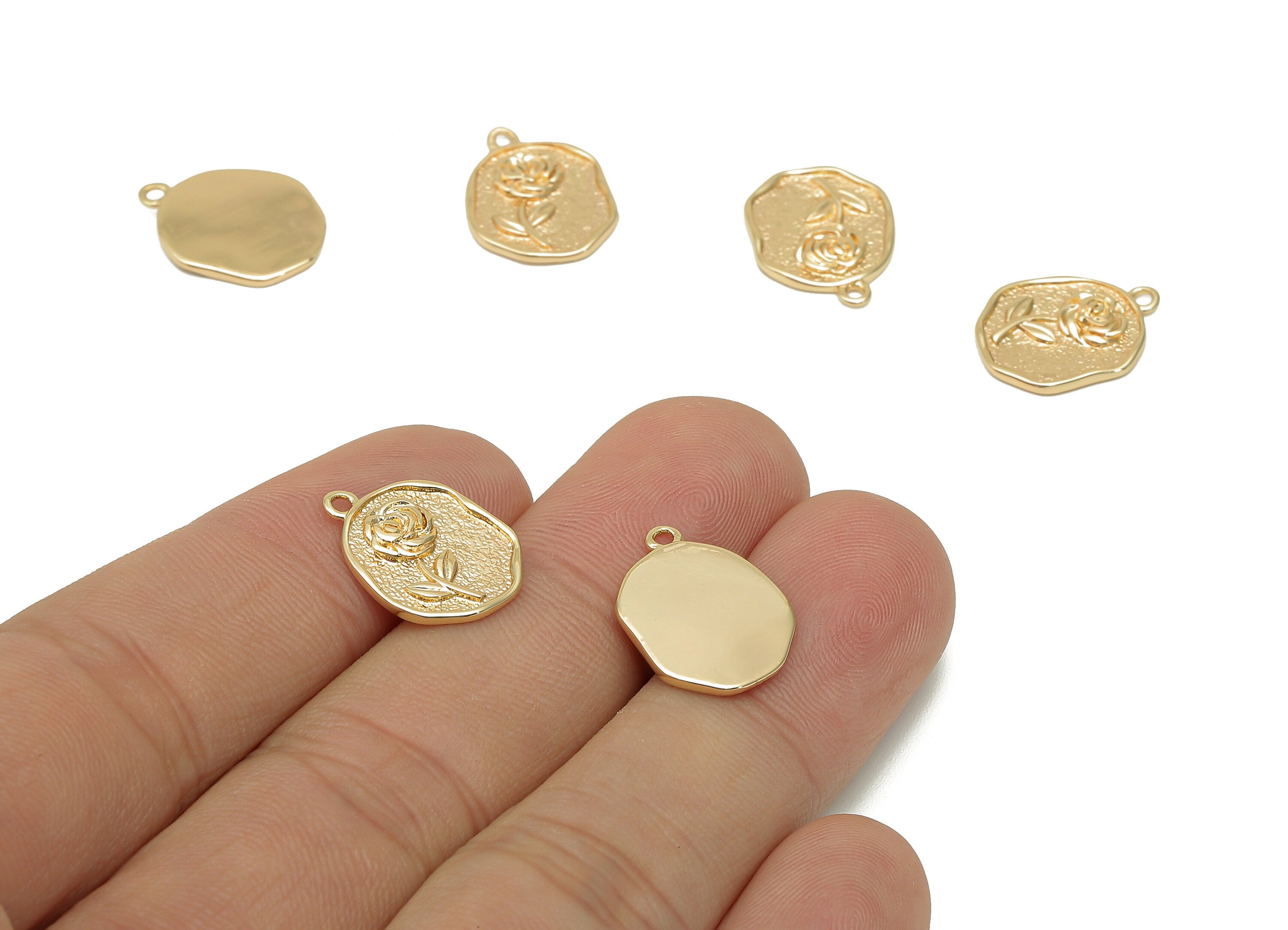 Brass Rose Oval Earring Charm - Gold Textured Flower Oval Earring - Pendant With Loop - 18K Real Gold Plating - 16.5x12.5x1.7mm -RGP5692 - DOMEDBAZAAR