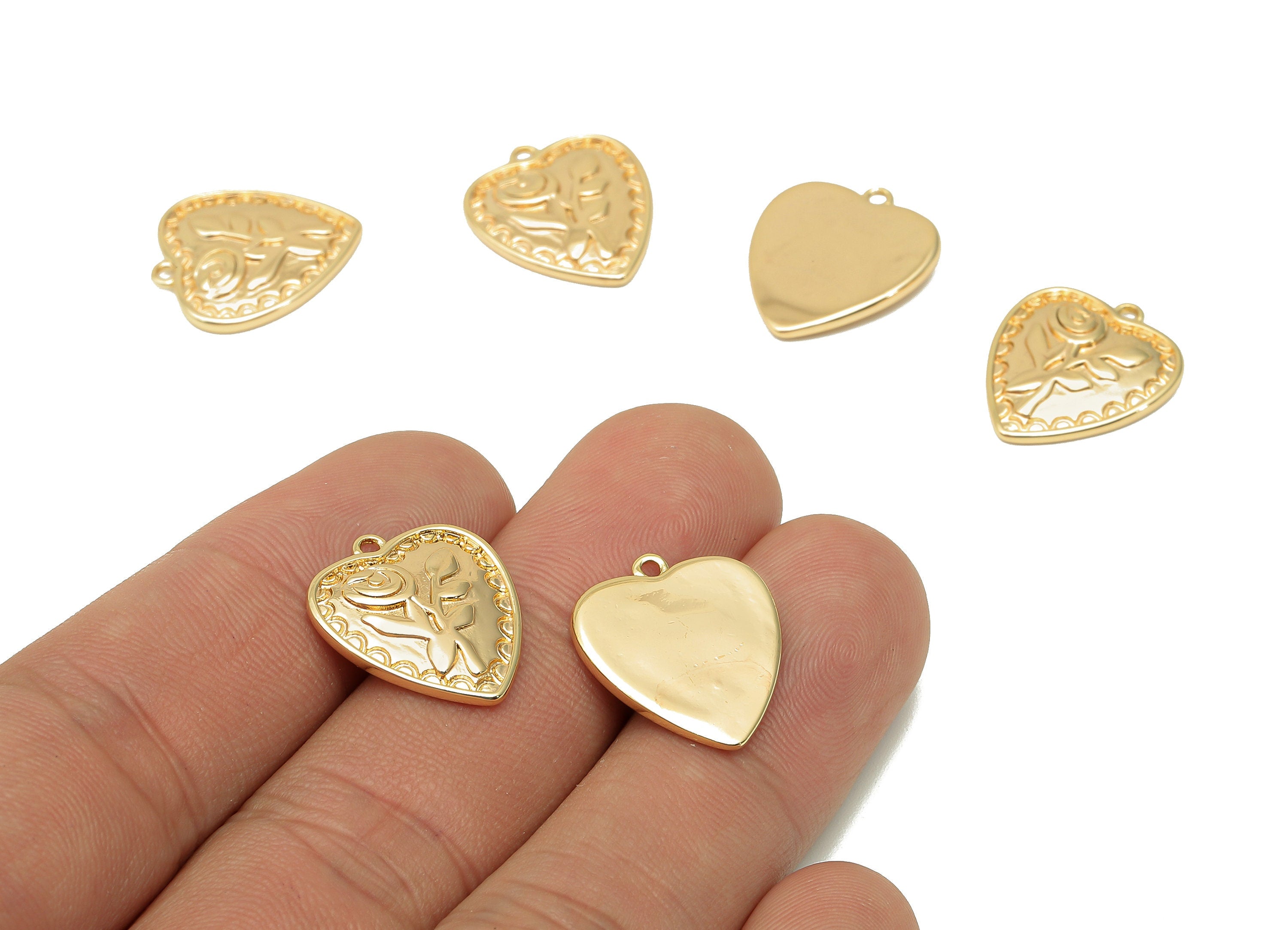 Brass Rose Heart Earring Charm - Gold Thick Flower Heart Earring - Heart Pendant With Loop - 18K Real Gold Plating - 18x15.5x2.7mm - RGP5694 - DOMEDBAZAAR