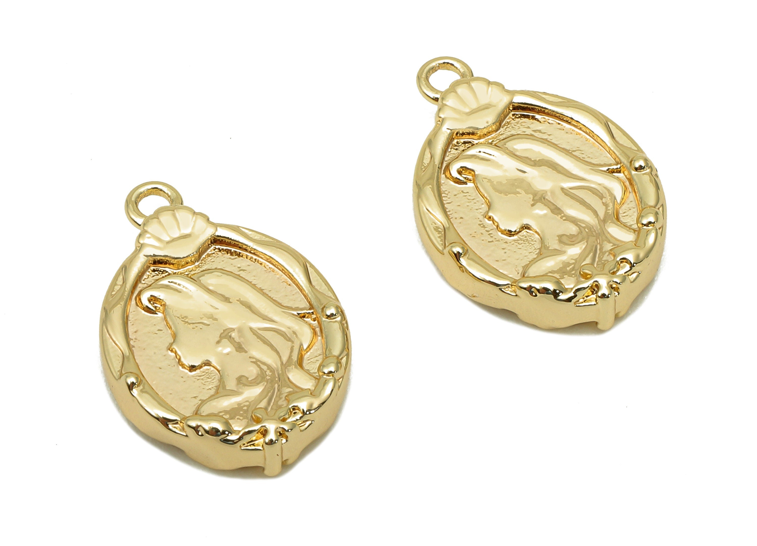 Brass Relief Portrait Oval Earring - Gold Girl Textured Fishtail Charm - Pendant With Loop - 18K Real Gold Plating - 17.3x11.9x3mm - RGP5704 - DOMEDBAZAAR