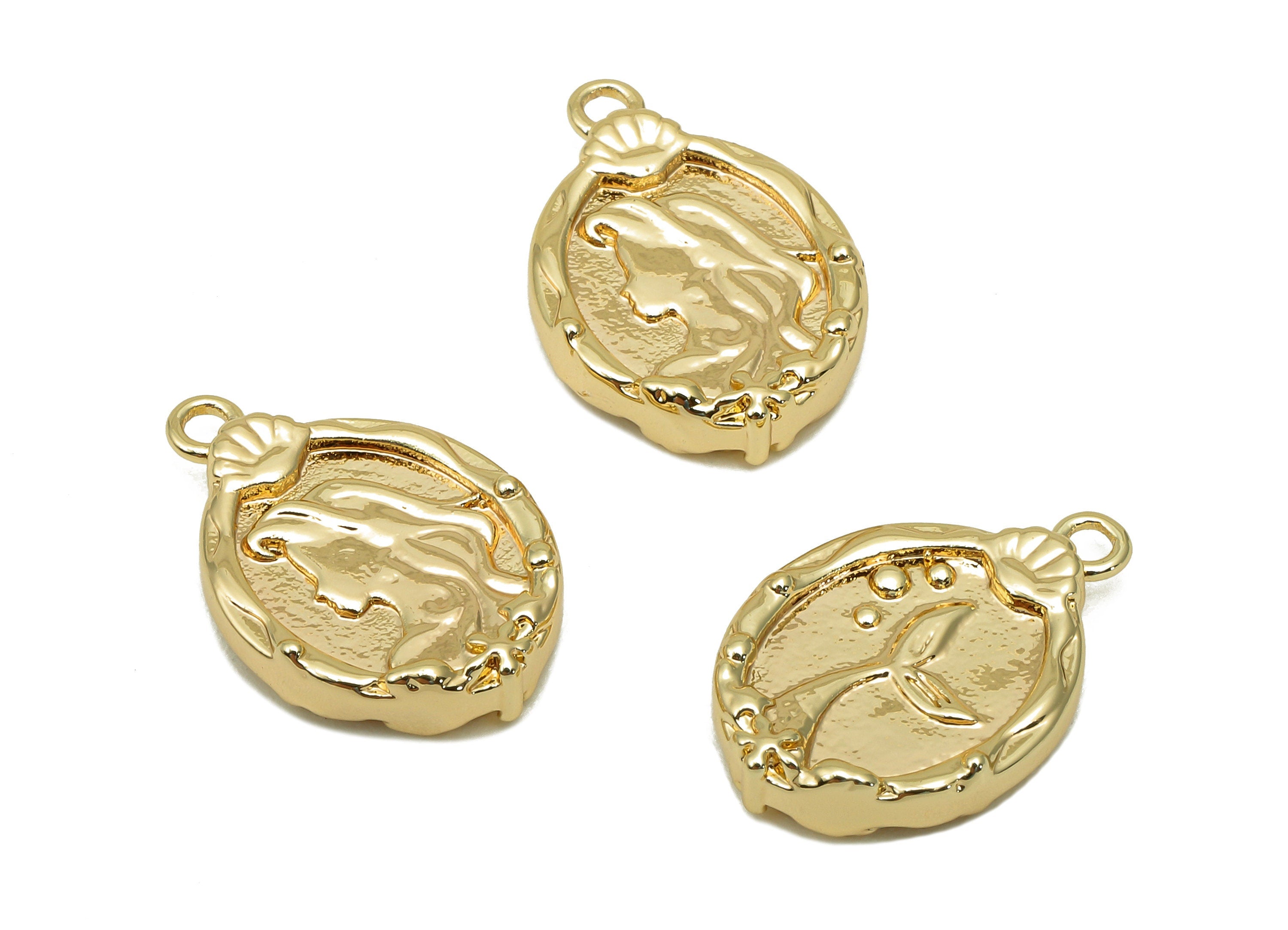 Brass Relief Portrait Oval Earring - Gold Girl Textured Fishtail Charm - Pendant With Loop - 18K Real Gold Plating - 17.3x11.9x3mm - RGP5704 - DOMEDBAZAAR