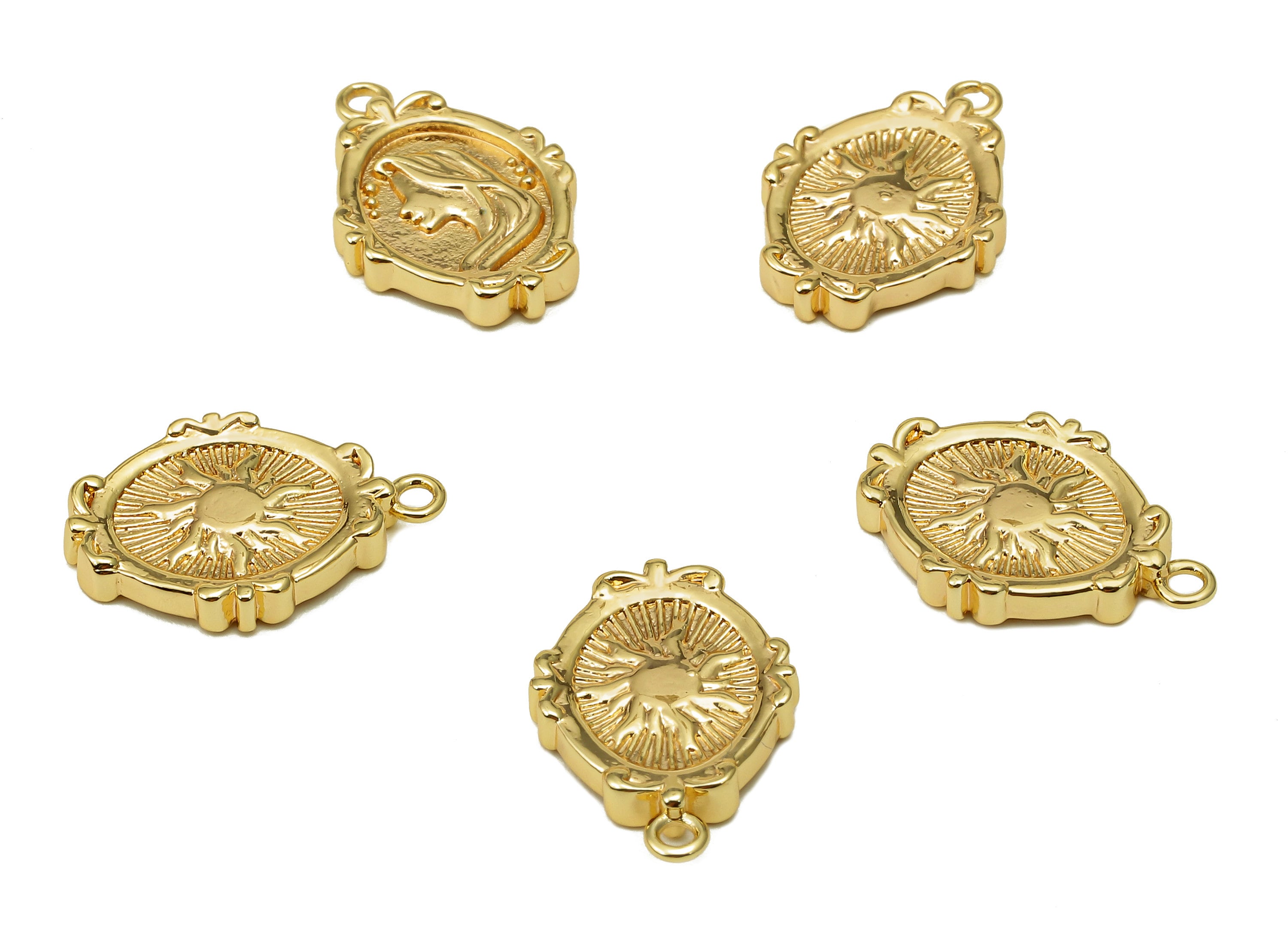 Brass Oval Earring Charm - Long Hair Girl Portrait Oval Earring - Sun Pendant With Loop - 18K Real Gold Plating - 17.7x12.2x2.4mm - RGP5577 - DOMEDBAZAAR