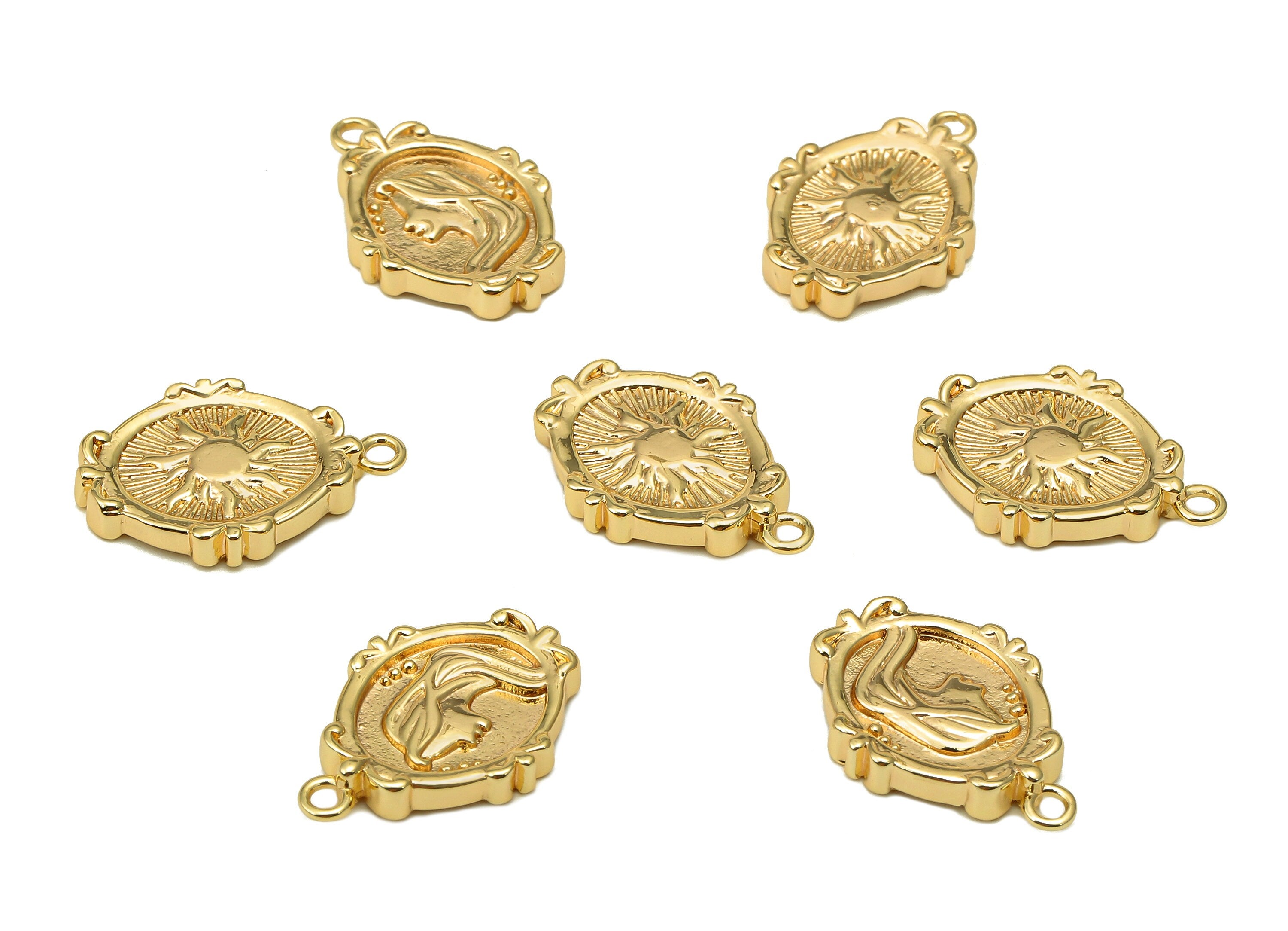 Brass Oval Earring Charm - Long Hair Girl Portrait Oval Earring - Sun Pendant With Loop - 18K Real Gold Plating - 17.7x12.2x2.4mm - RGP5577 - DOMEDBAZAAR