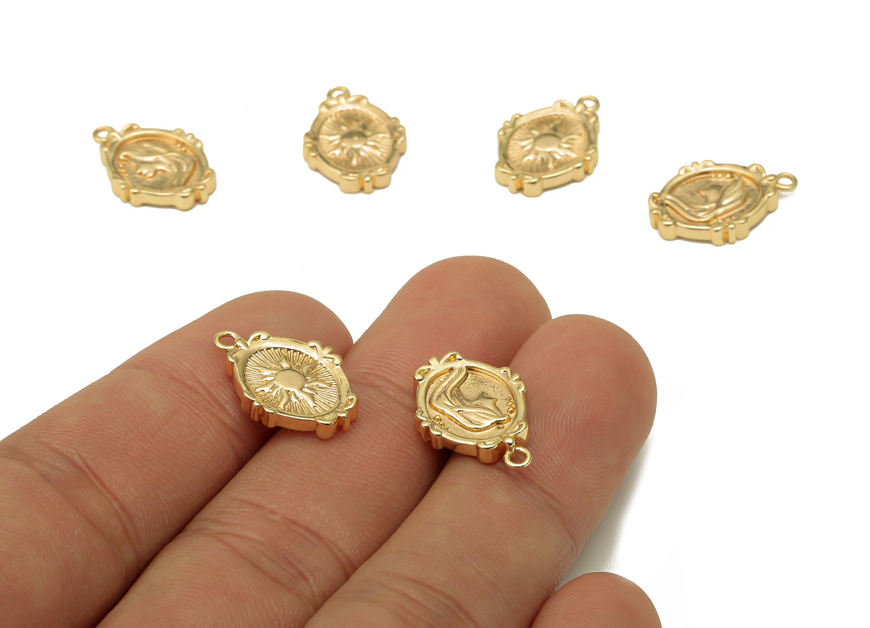 Brass Oval Earring Charm - Long Hair Girl Portrait Oval Earring - Sun Pendant With Loop - 18K Real Gold Plating - 17.7x12.2x2.4mm - RGP5577 - DOMEDBAZAAR