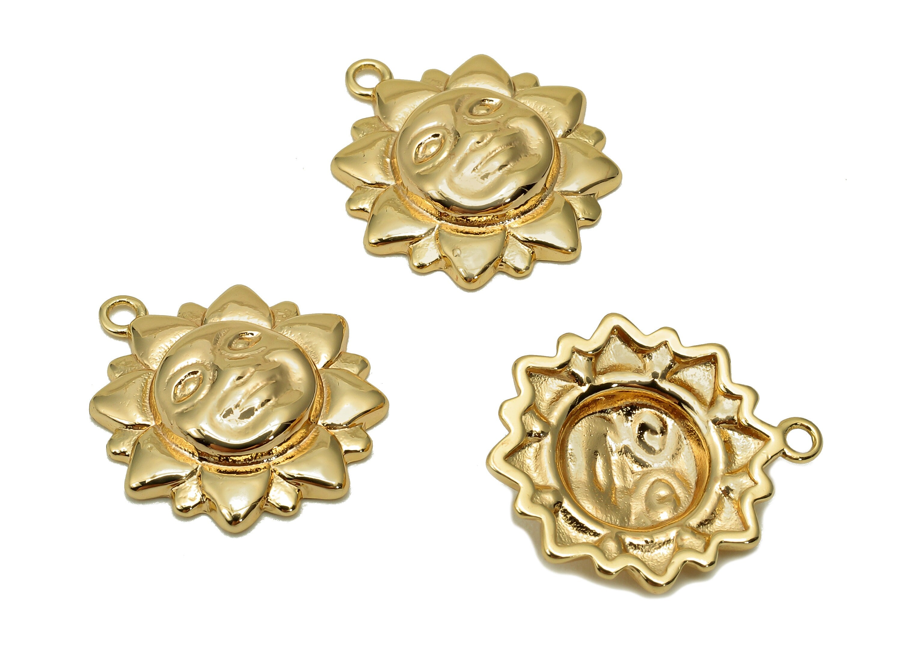 Brass Sun Face Earring Charm - Gold Moon Face Earring - Sun Pendant With Loop - 18K Real Gold Plating - 18.2x15.8x1.4mm - RGP5706 - DOMEDBAZAAR