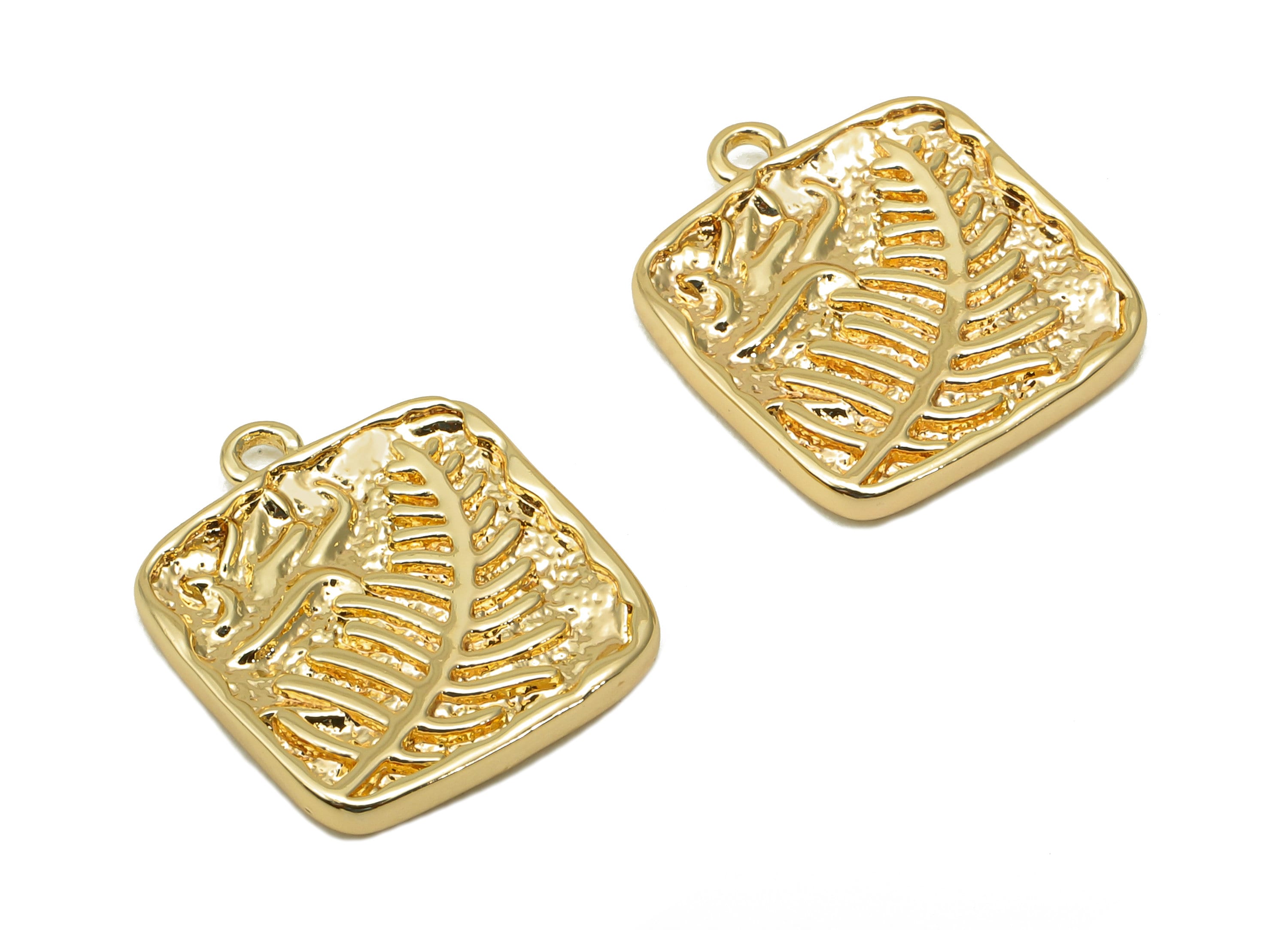 Brass Wheat Square Earring Charm - Gold Textured Ears Of Wheat Earring - Pendant With Loop - 18K Real Gold Plating - 16.2x14x2mm - RGP5700 - DOMEDBAZAAR