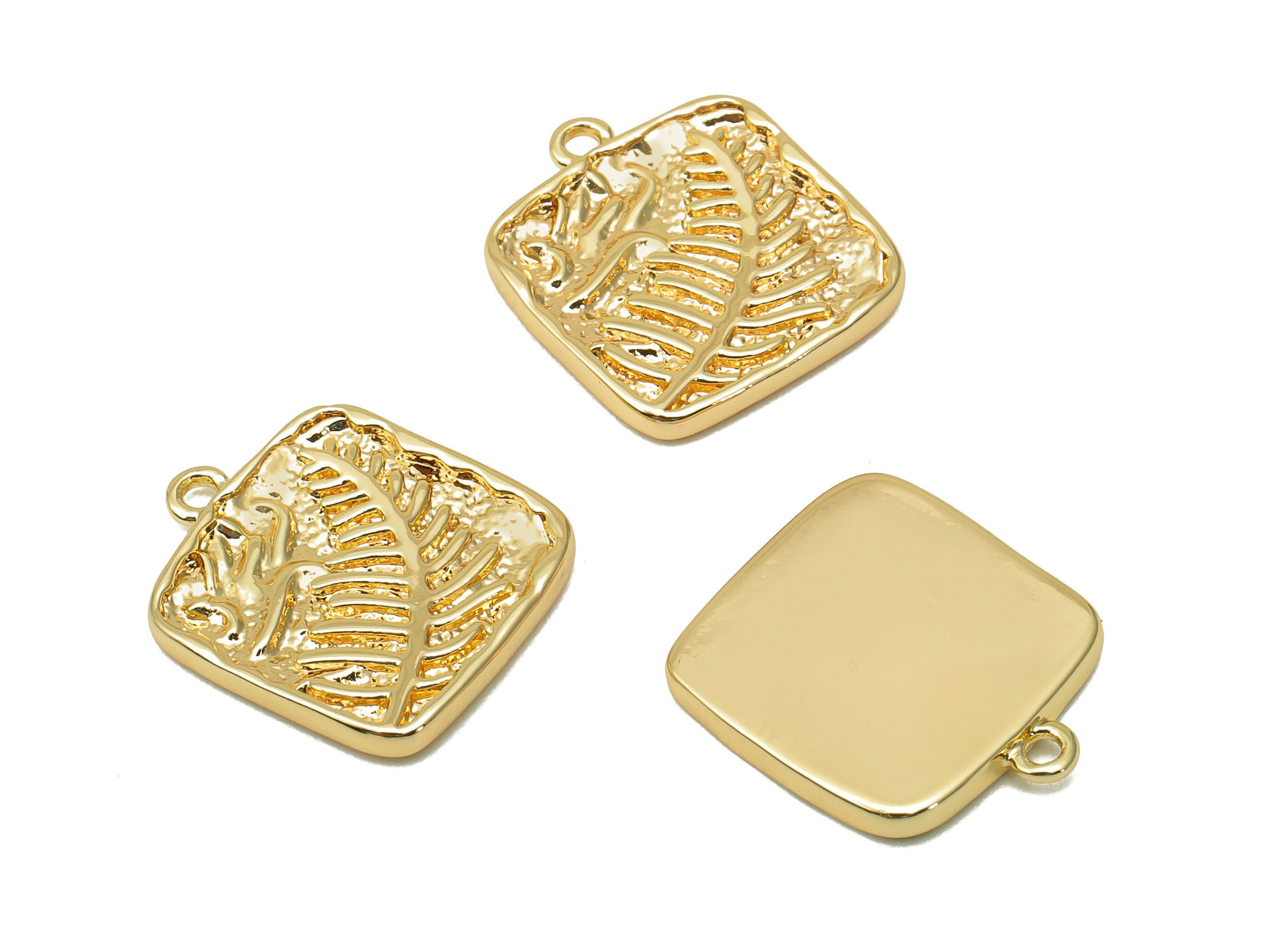 Brass Wheat Square Earring Charm - Gold Textured Ears Of Wheat Earring - Pendant With Loop - 18K Real Gold Plating - 16.2x14x2mm - RGP5700 - DOMEDBAZAAR