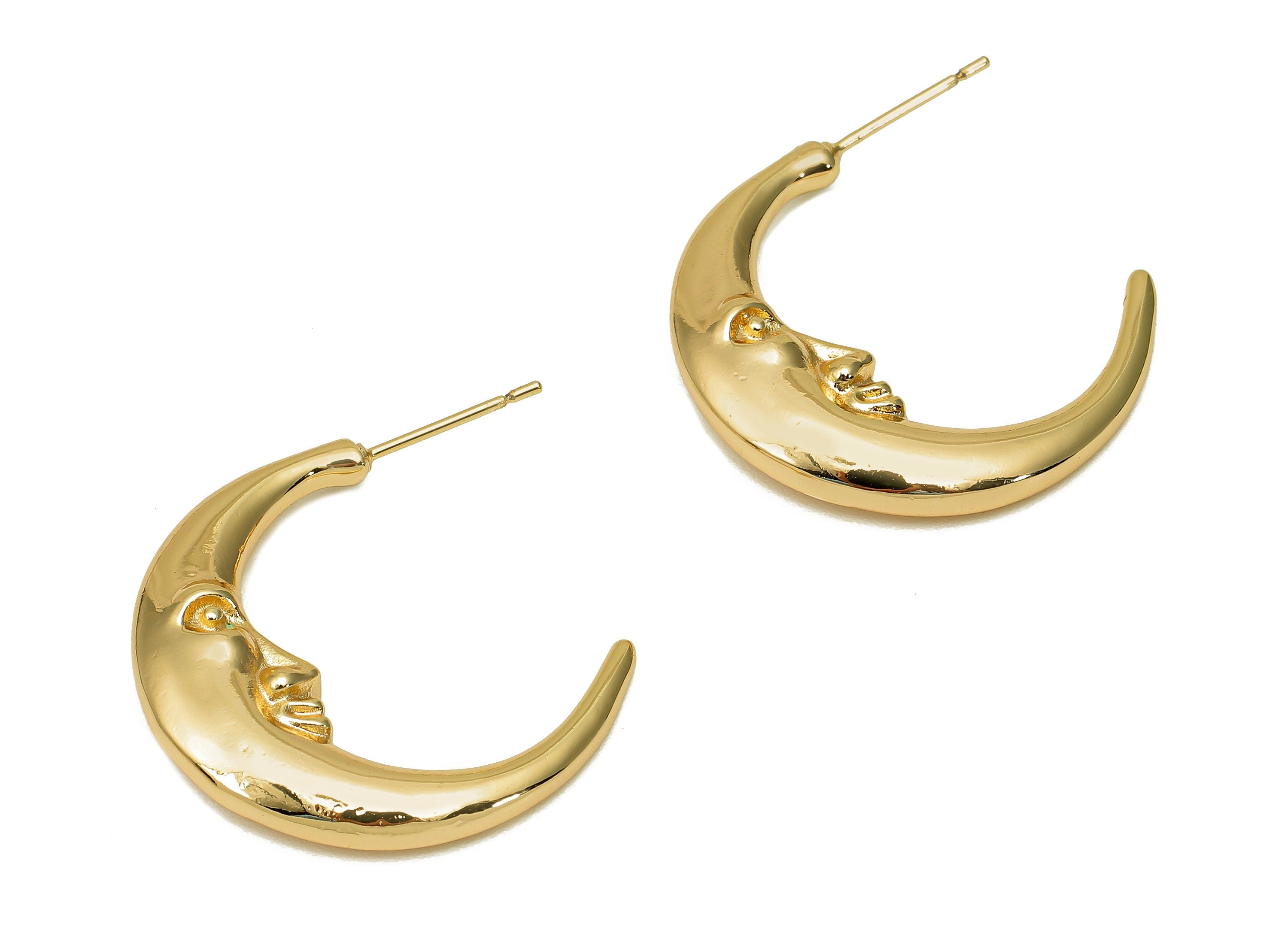 Brass Crescent Face Earring Post - Hoop Stud Earring With Loop - 316 Stainless Steel - 18K Real Gold Plating - 28.3x32.8x5.6mm - RGP5696 - DOMEDBAZAAR