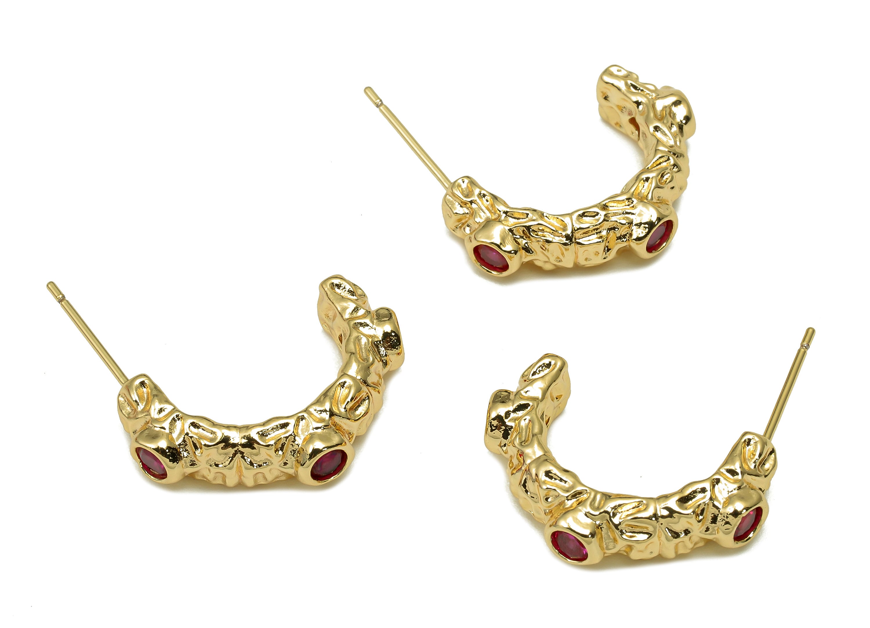 Brass Open Hoop Stud Earring - Textured Earring Post With Red Zircon - 316 Stainless Steel Stud - 18K Real Gold Plating - 21x14x4mm -RGP5595 - DOMEDBAZAAR