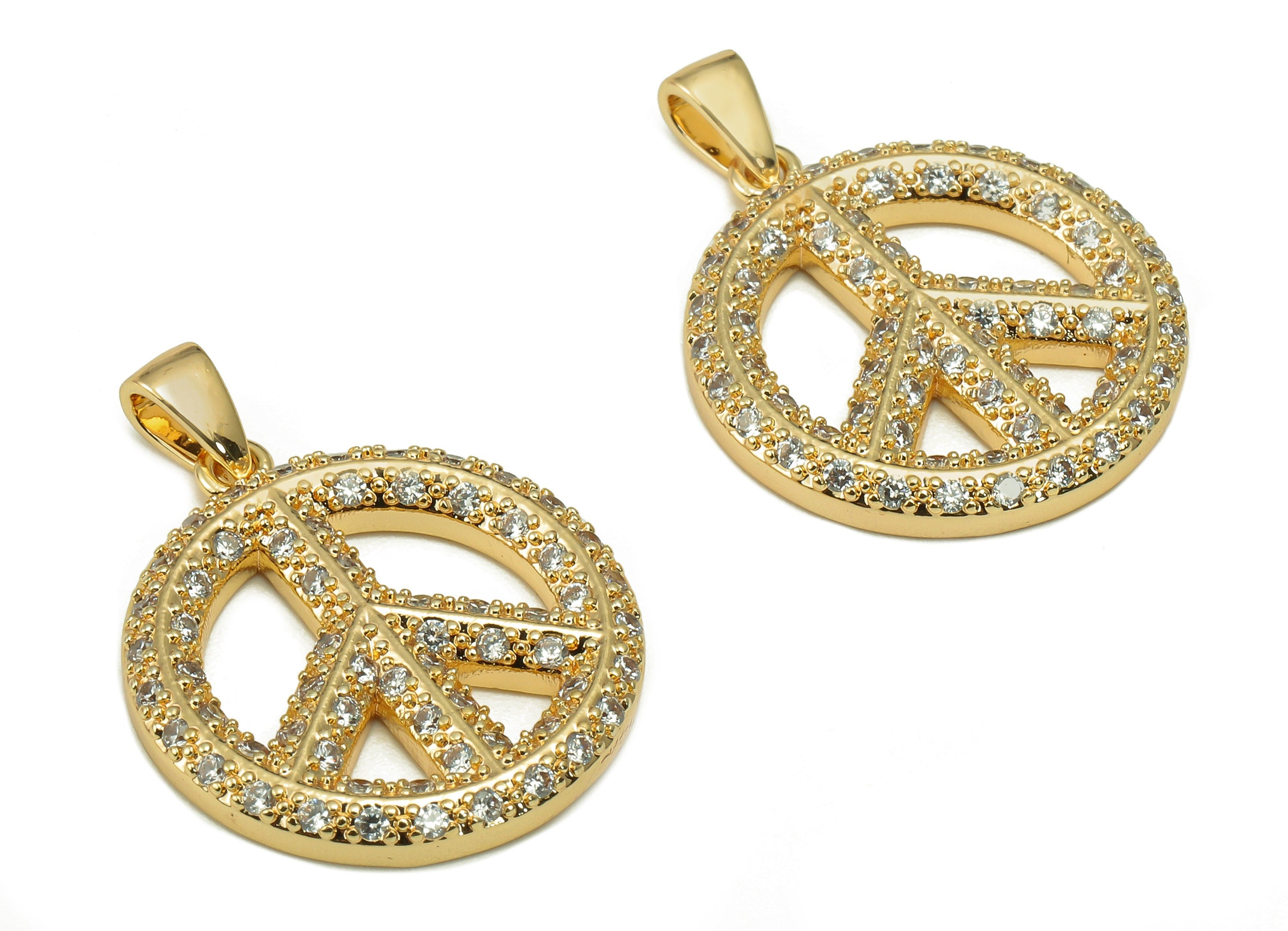 Brass Round Earring Charm - Circle Peace Sign Earring With Zircon - Peace Pendant With Loop - 18K Real Gold Plating - 27x20x2.6mm - RGP5596 - DOMEDBAZAAR