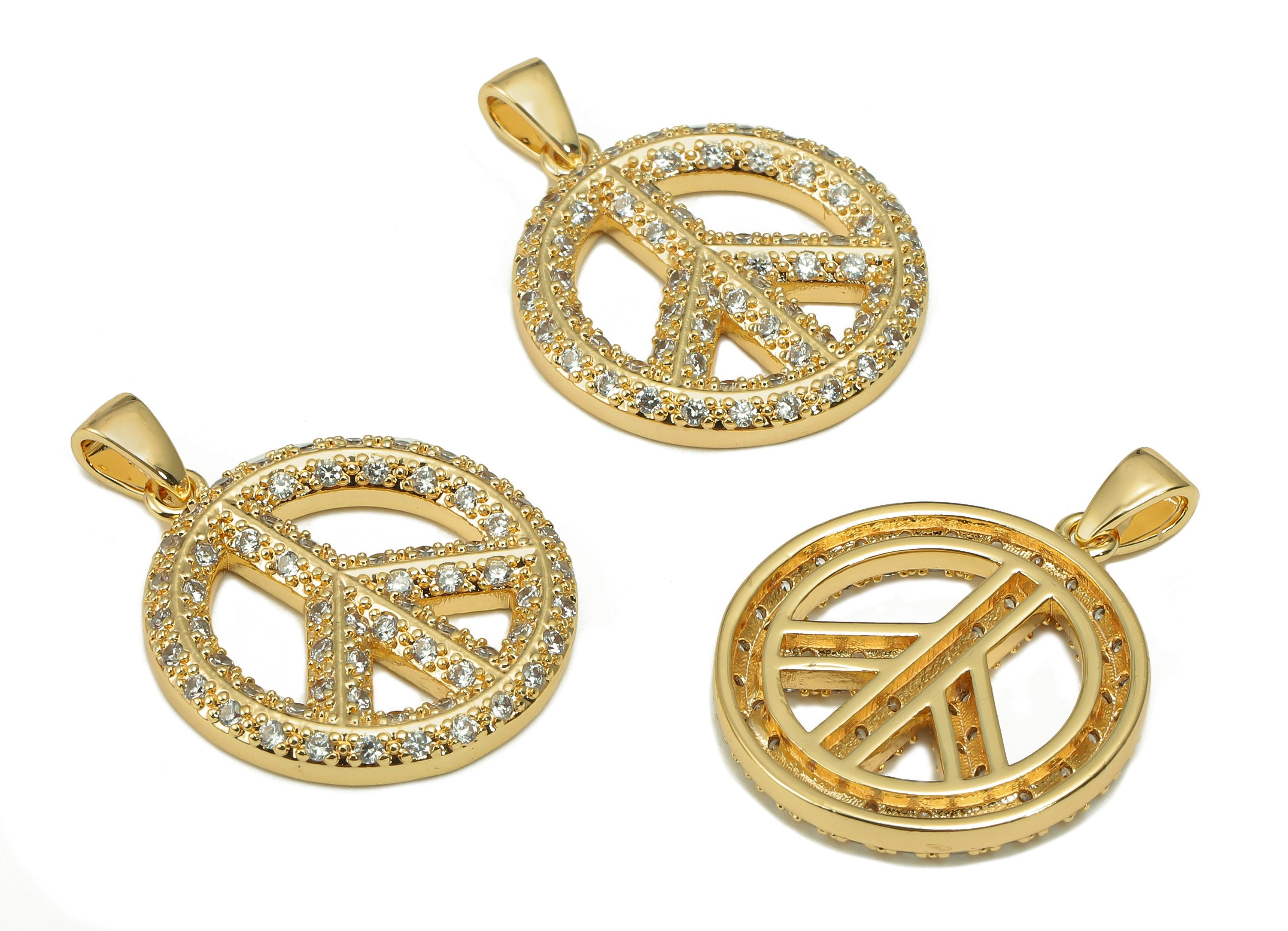 Brass Round Earring Charm - Circle Peace Sign Earring With Zircon - Peace Pendant With Loop - 18K Real Gold Plating - 27x20x2.6mm - RGP5596 - DOMEDBAZAAR