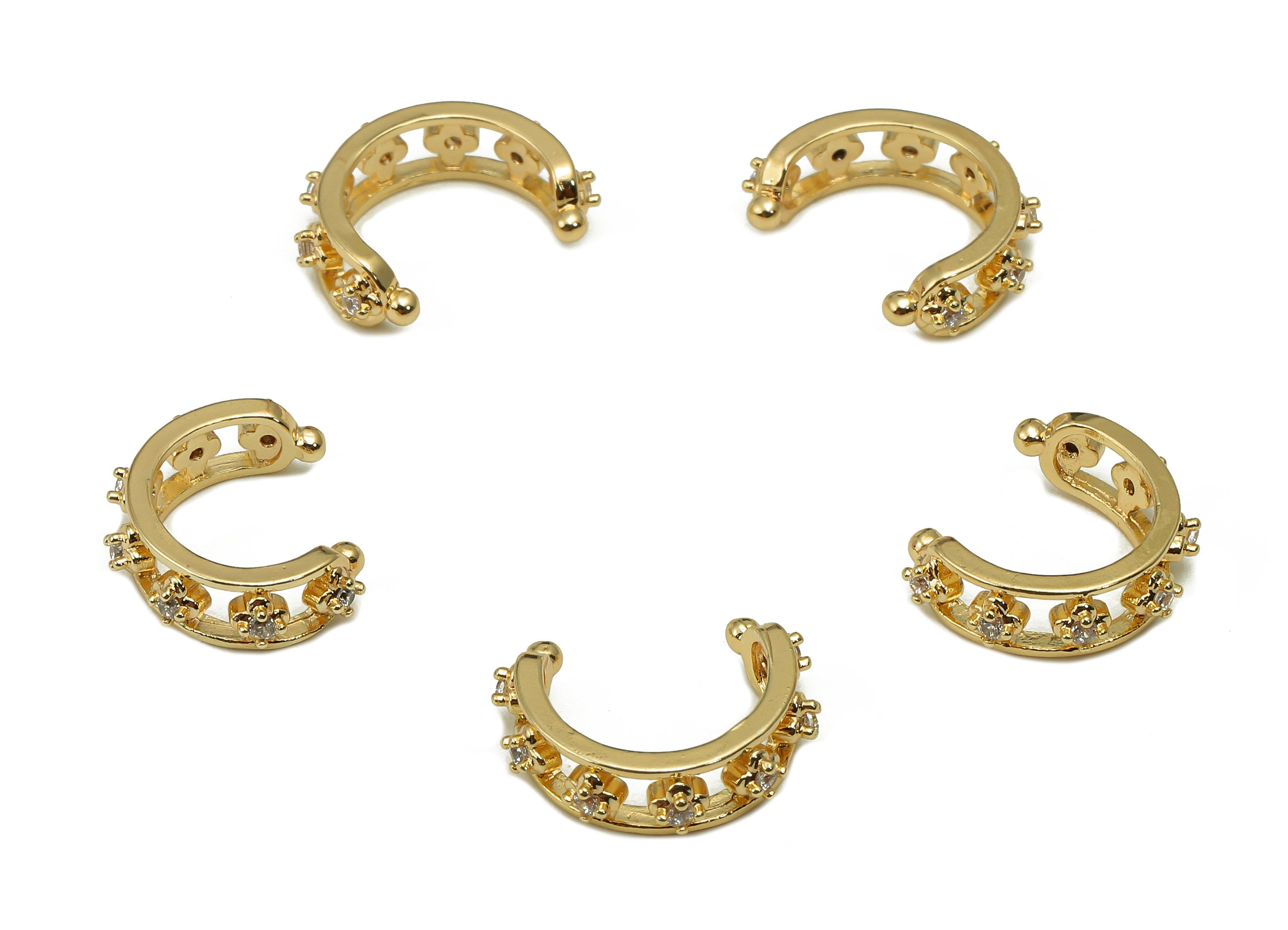 Brass Flower Open Round C Ring - Hollow Hoop Septum Ring With Zircon - Cartilage Earring - 18K Real Gold Plating - 14.5x11.7x2.6mm - RGP5597 - DOMEDBAZAAR