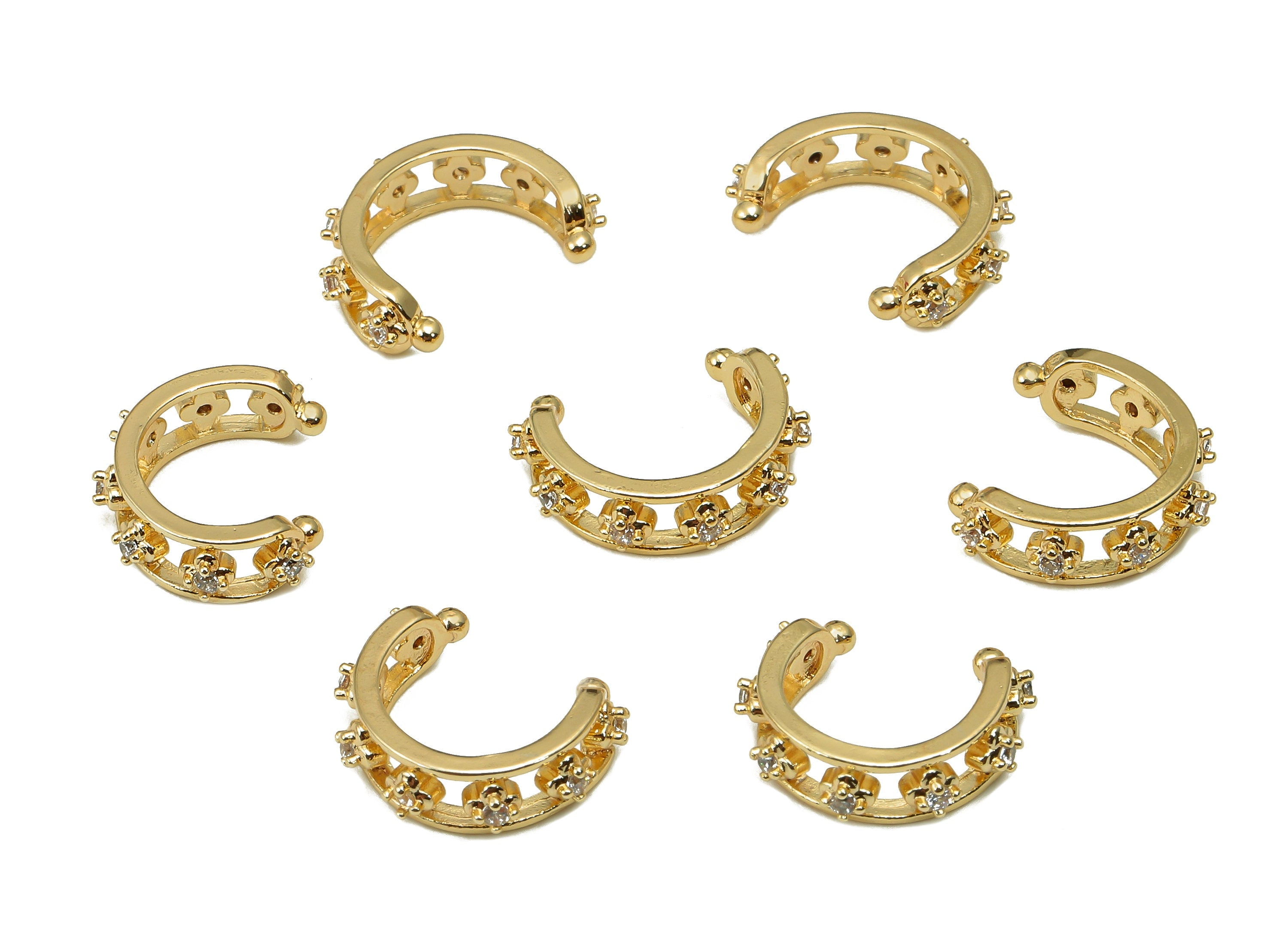 Brass Flower Open Round C Ring - Hollow Hoop Septum Ring With Zircon - Cartilage Earring - 18K Real Gold Plating - 14.5x11.7x2.6mm - RGP5597 - DOMEDBAZAAR