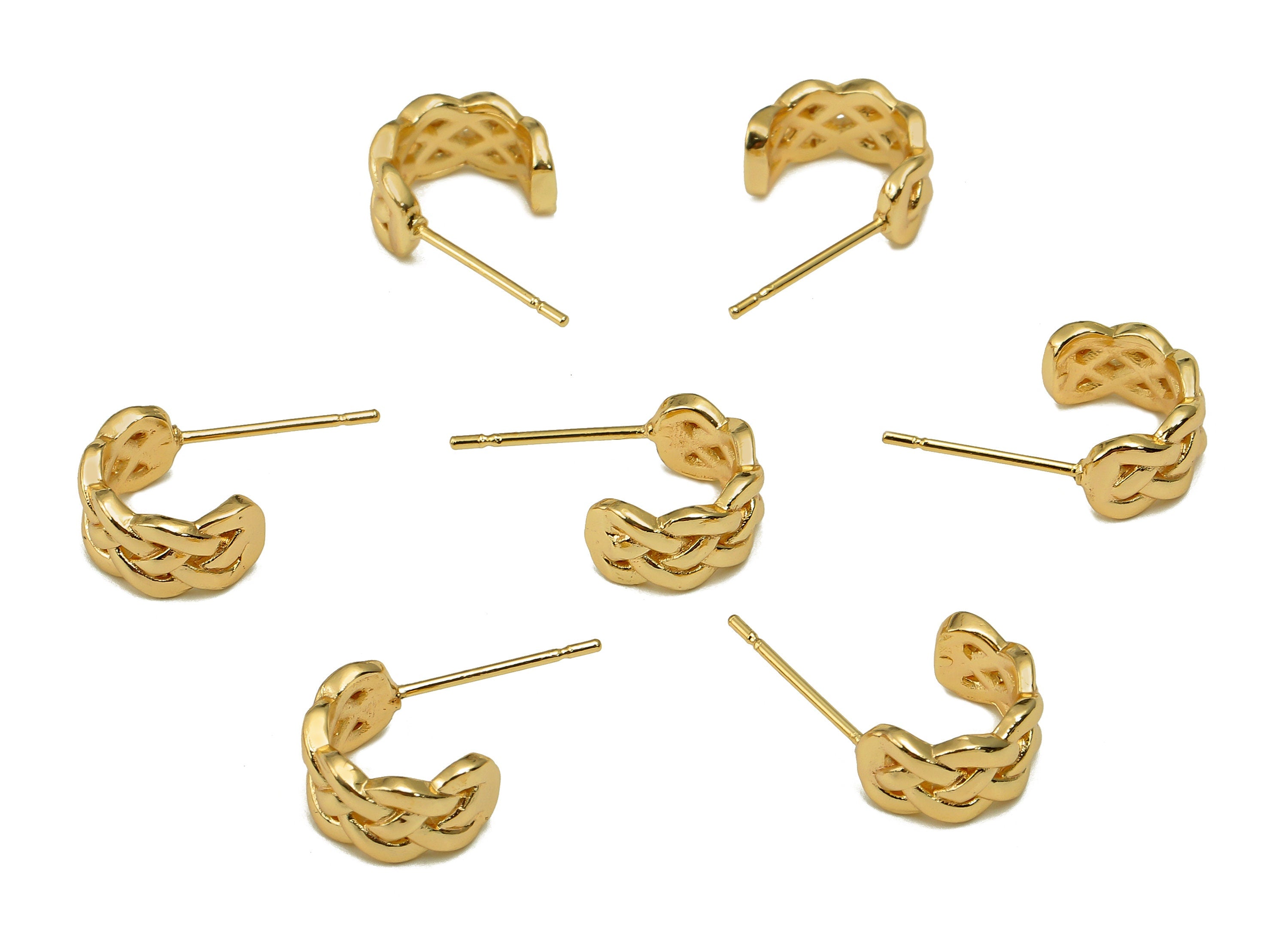 Brass Knitting Huggie C Stud Earrings - Wide Braid Earring Post - 316 Stainless Steel Stud - 18K Real Gold Plating - 19.3x11x1.8mm - RGP5601 - DOMEDBAZAAR