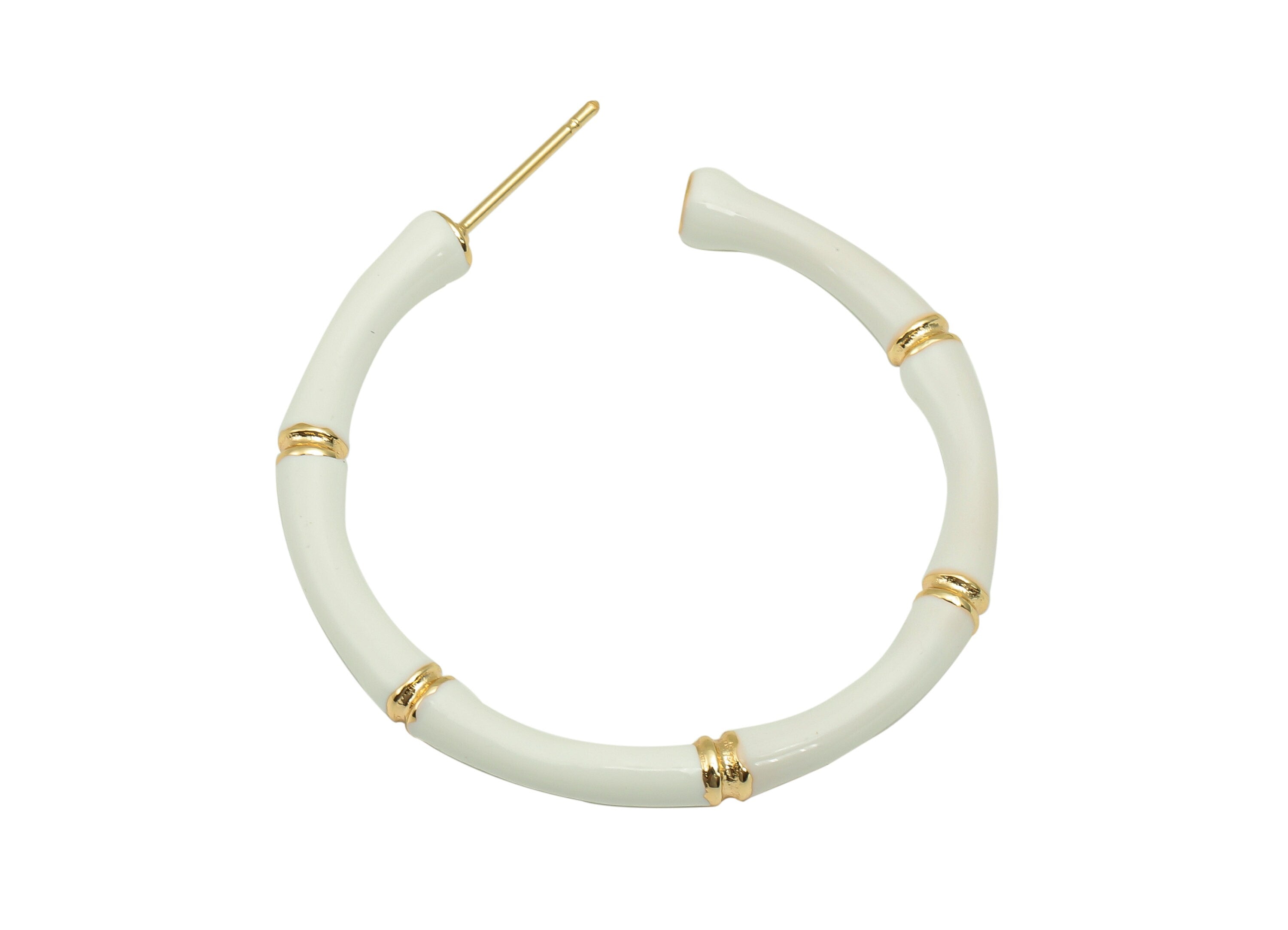 Brass Thick Hoop Stud Earrings - Di You White Bamboo Earring Post - 316 Stainless Steel - 18K Real Gold Plating - 41.4x44.1x3.8mm - RGP5758 - DOMEDBAZAAR