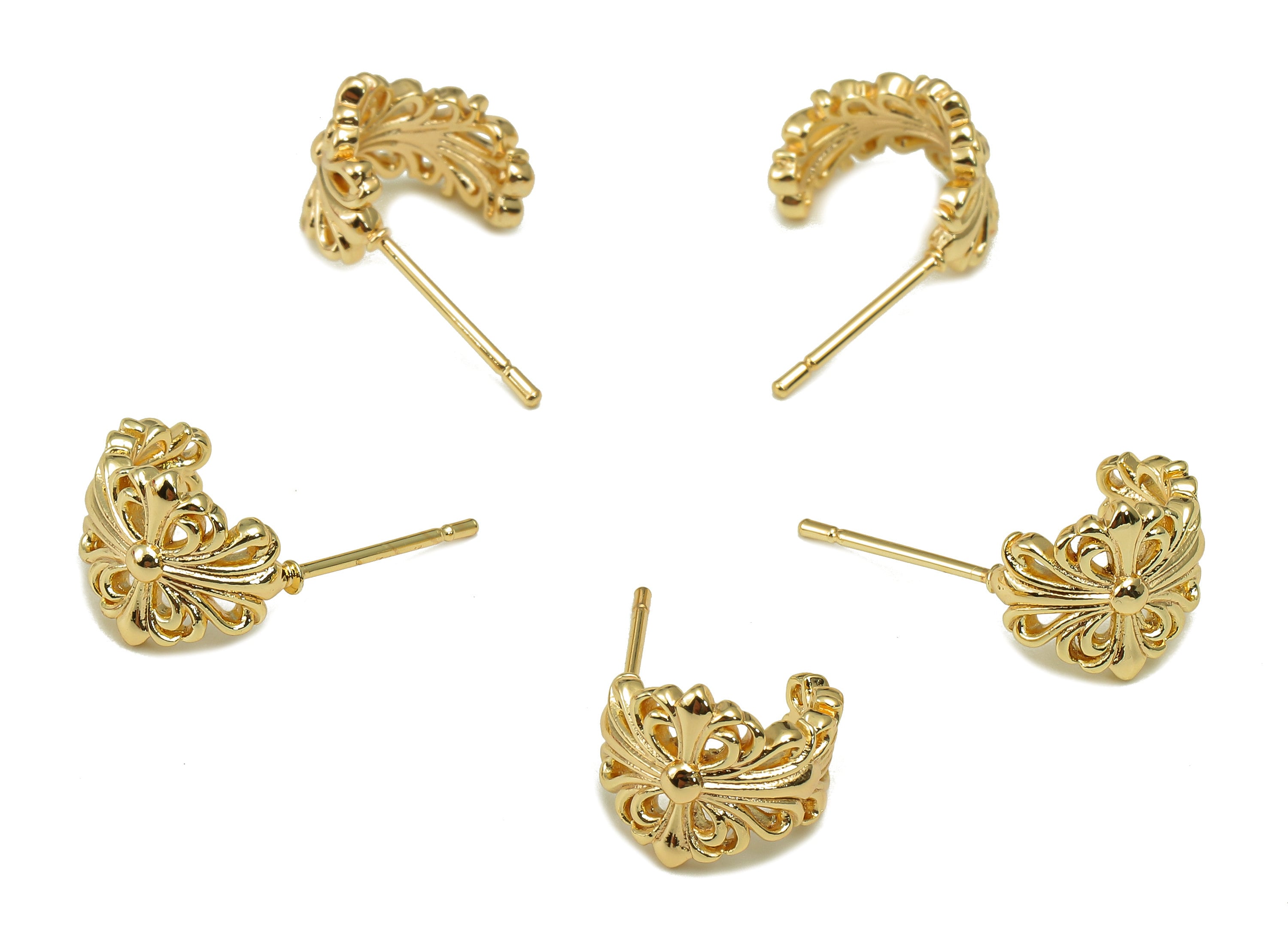 Brass Flower Huggie C Stud Earrings - Coronet Earring Post - 316 Stainless Steel Stud - 18K Real Gold Plating - 19.8x12.4x1.97mm - RGP5602 - DOMEDBAZAAR