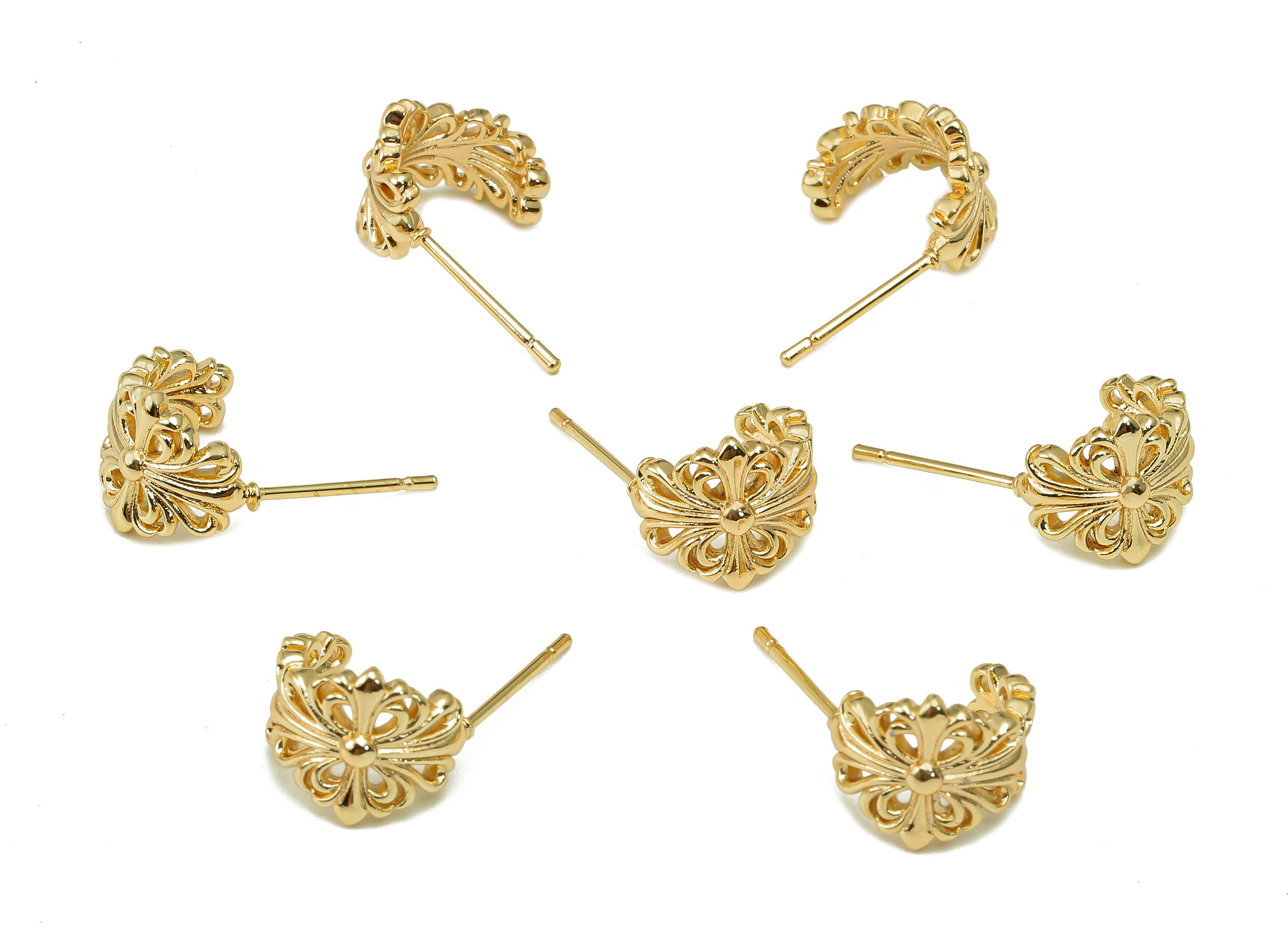 Brass Flower Huggie C Stud Earrings - Coronet Earring Post - 316 Stainless Steel Stud - 18K Real Gold Plating - 19.8x12.4x1.97mm - RGP5602 - DOMEDBAZAAR