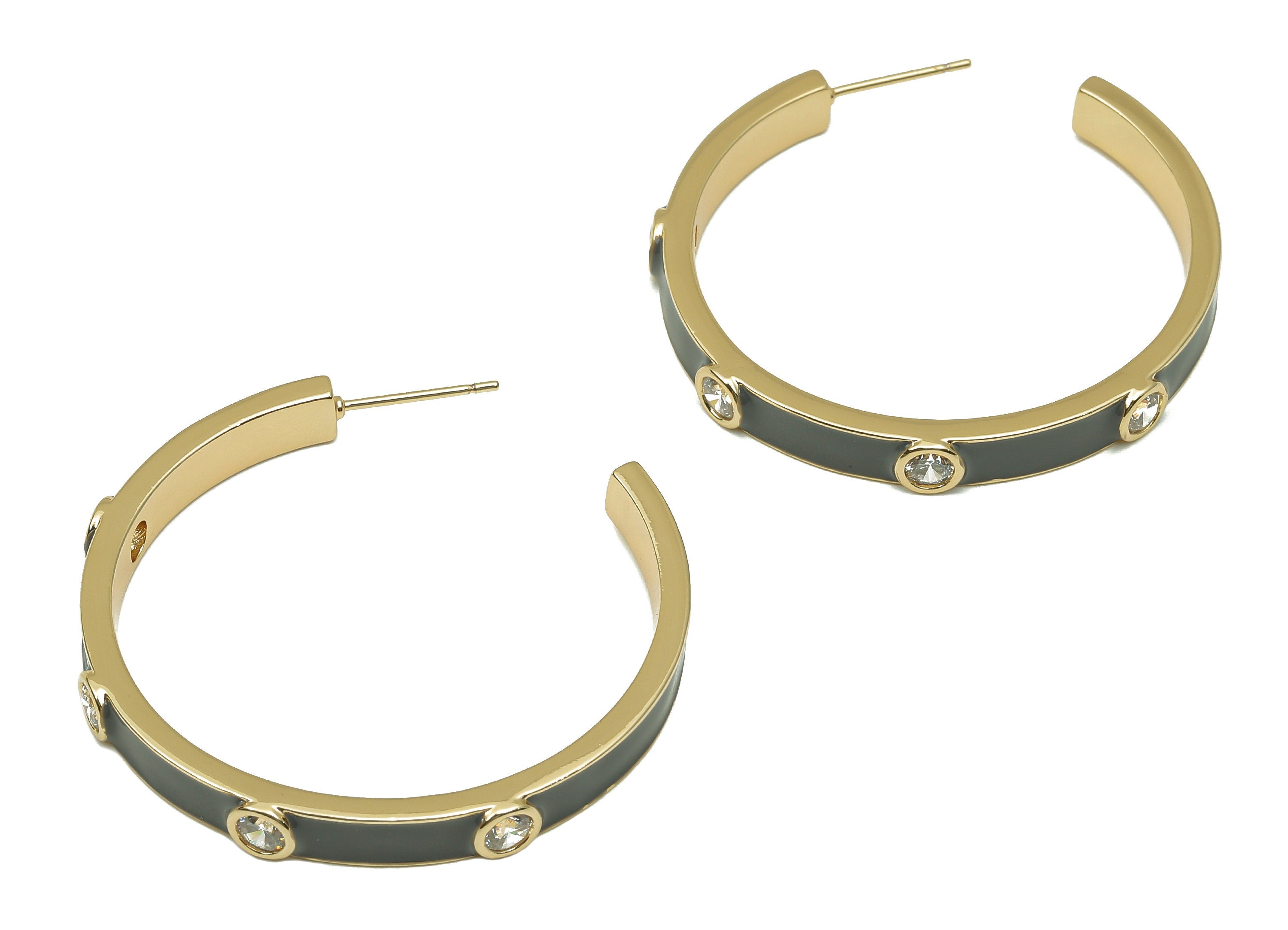 Brass Thick Hoop Stud Earrings - Di You Gray Zircon Earring Post - 316 Stainless Steel - 18K Real Gold Plating - 43.1x43.9x2.4mm - RGP5759 - DOMEDBAZAAR